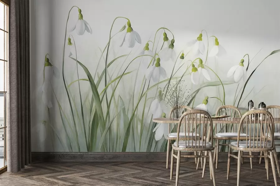 Fotobehang Sneeuwklokje bloemen met groene structuur stengels en bladeren, aquarel lente stijl, fijne penseelstreken w09195