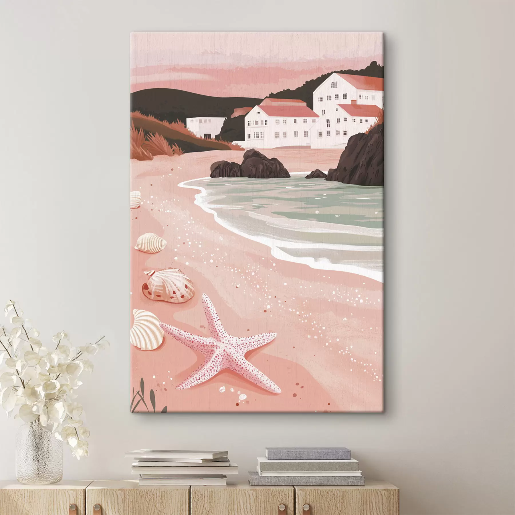  Schilderijen Gezellig roze strand met witte huisjes en zeeschelpen  s44713