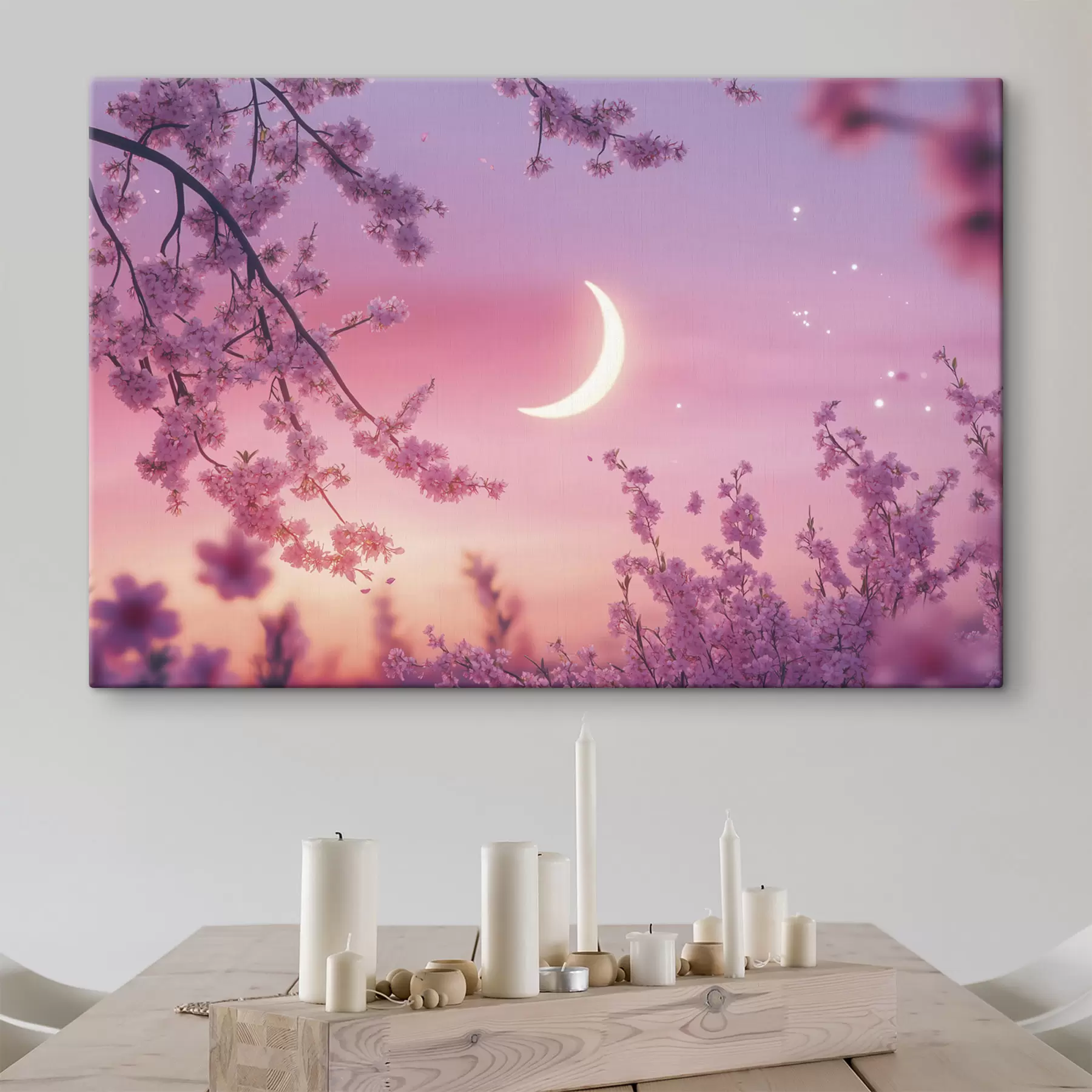 Fotobehang Kersenbloesem, roze lucht met stralende maan, realisme s44715