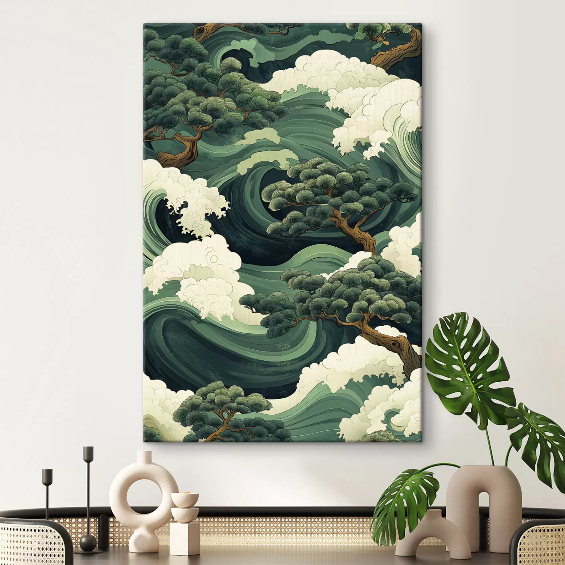 Fotobehang Tekening in Chinese stijl met zeegolven en pijnbomen s44719