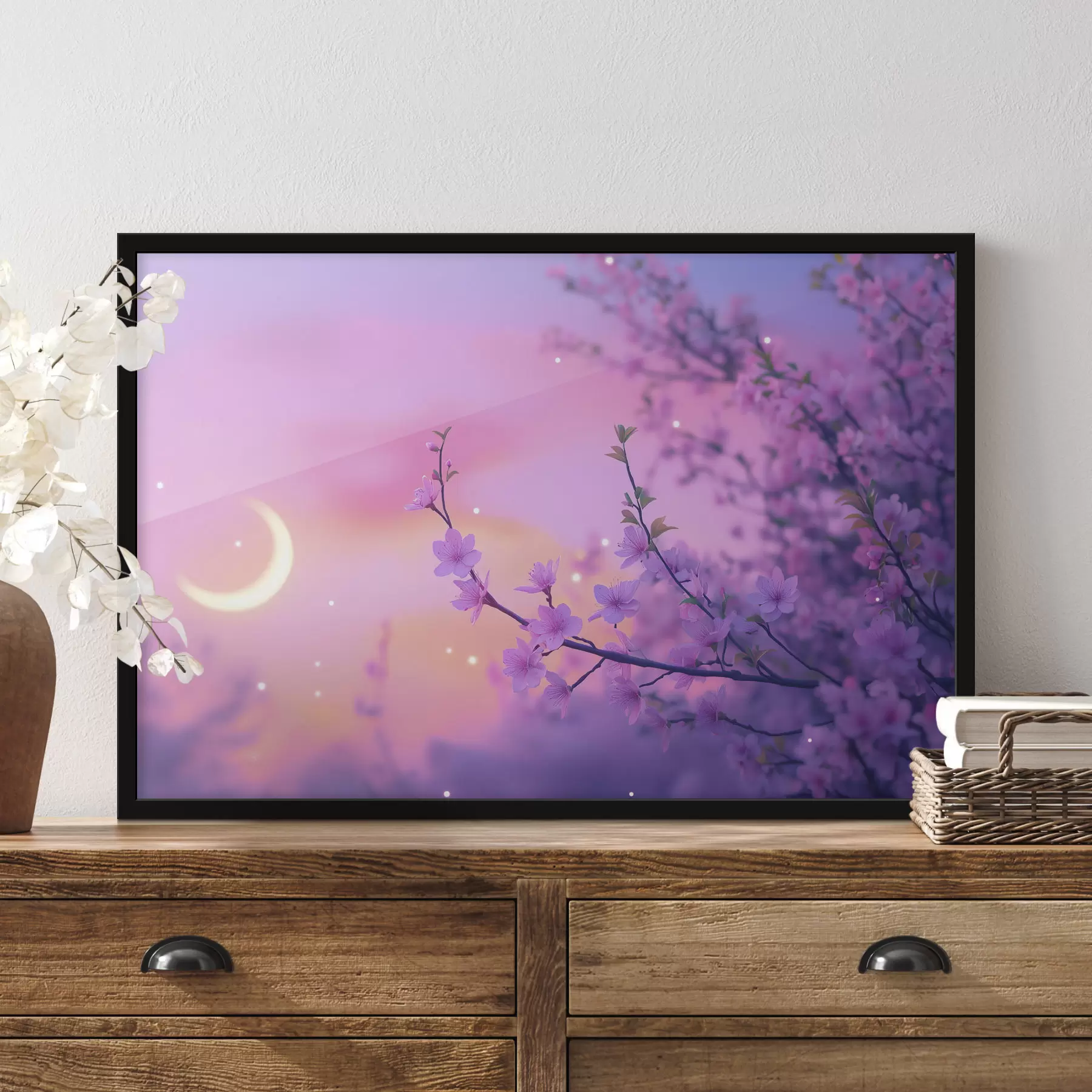 Fotobehang Paarse lucht met maan en kersenbomen f44717