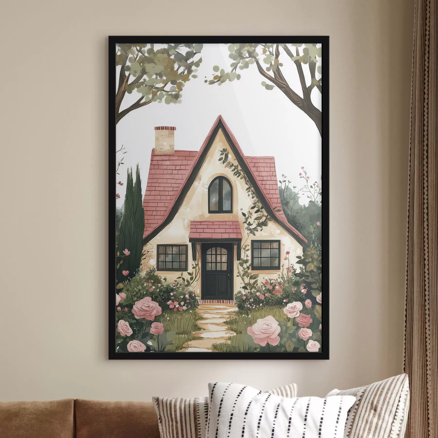 Fotobehang Een sprookjeshuis in het bos, rozen, pastelstijl f44718