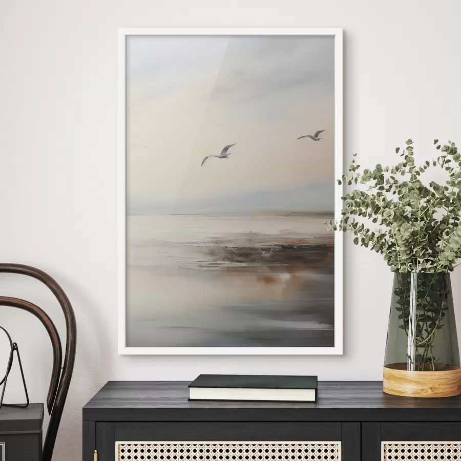 Fotobehang Pastel landschap met vliegende meeuwen f44763