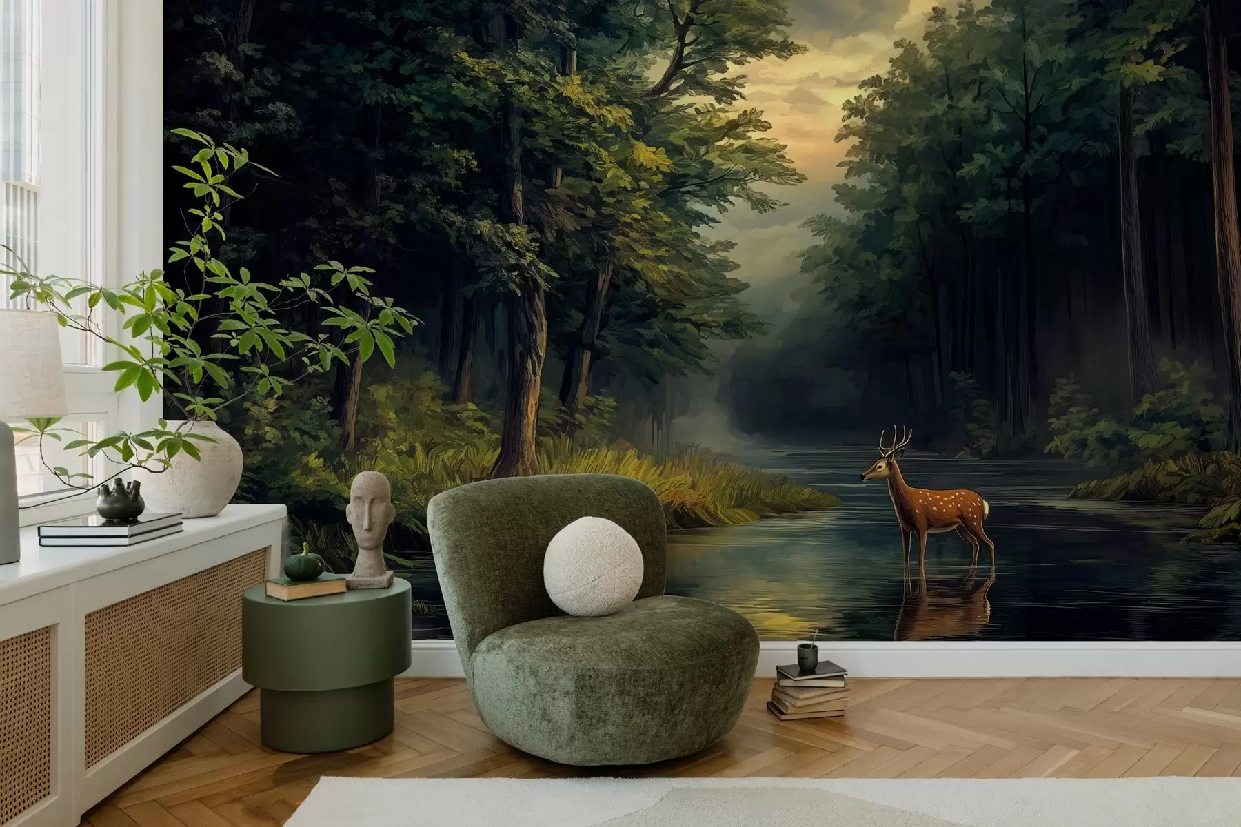Fotobehang Bos met herten en rivier in de stijl van Nederlands olieverfschilderij w04072
