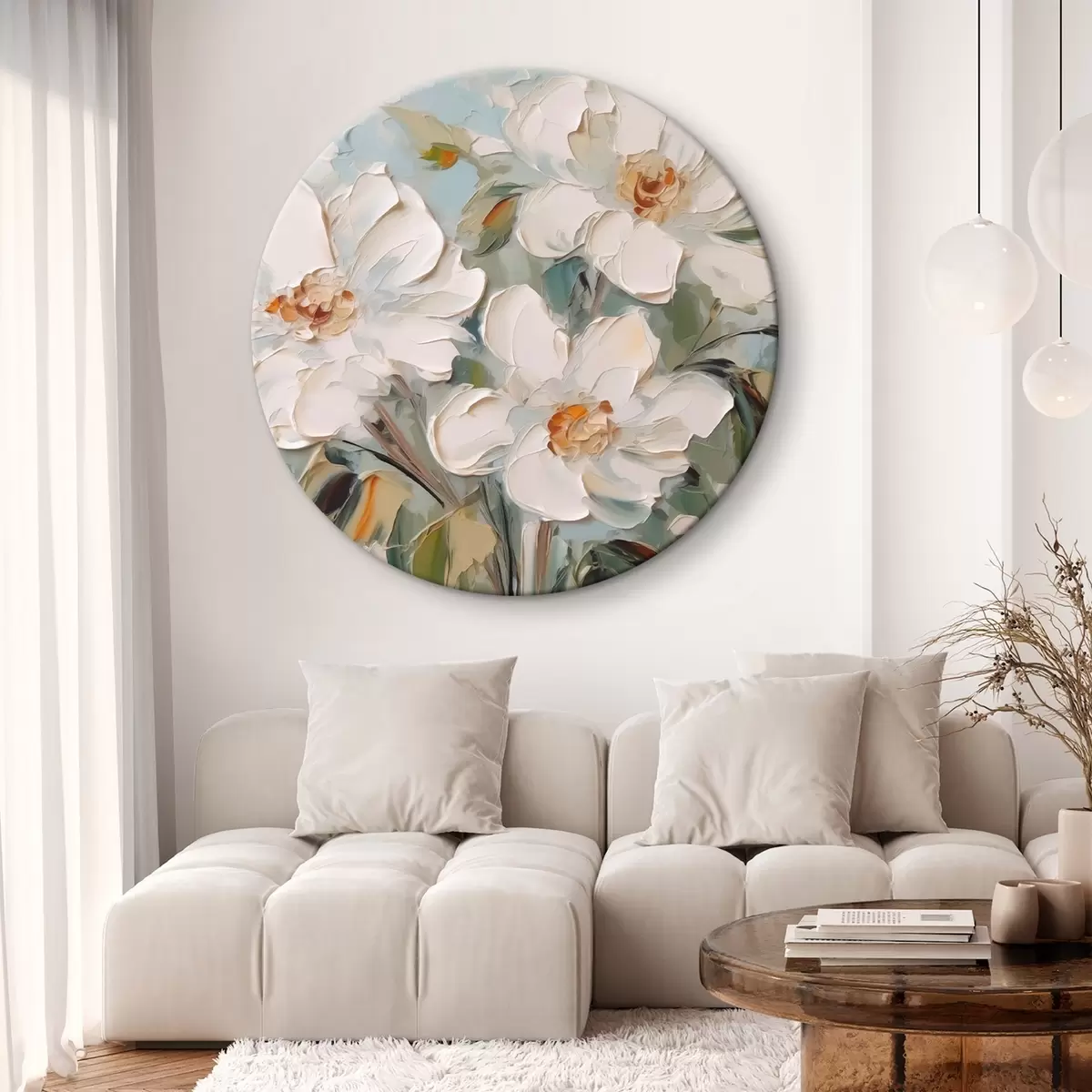 Ronde schilderijen Witte bloemen imitatieschilderij r44775
