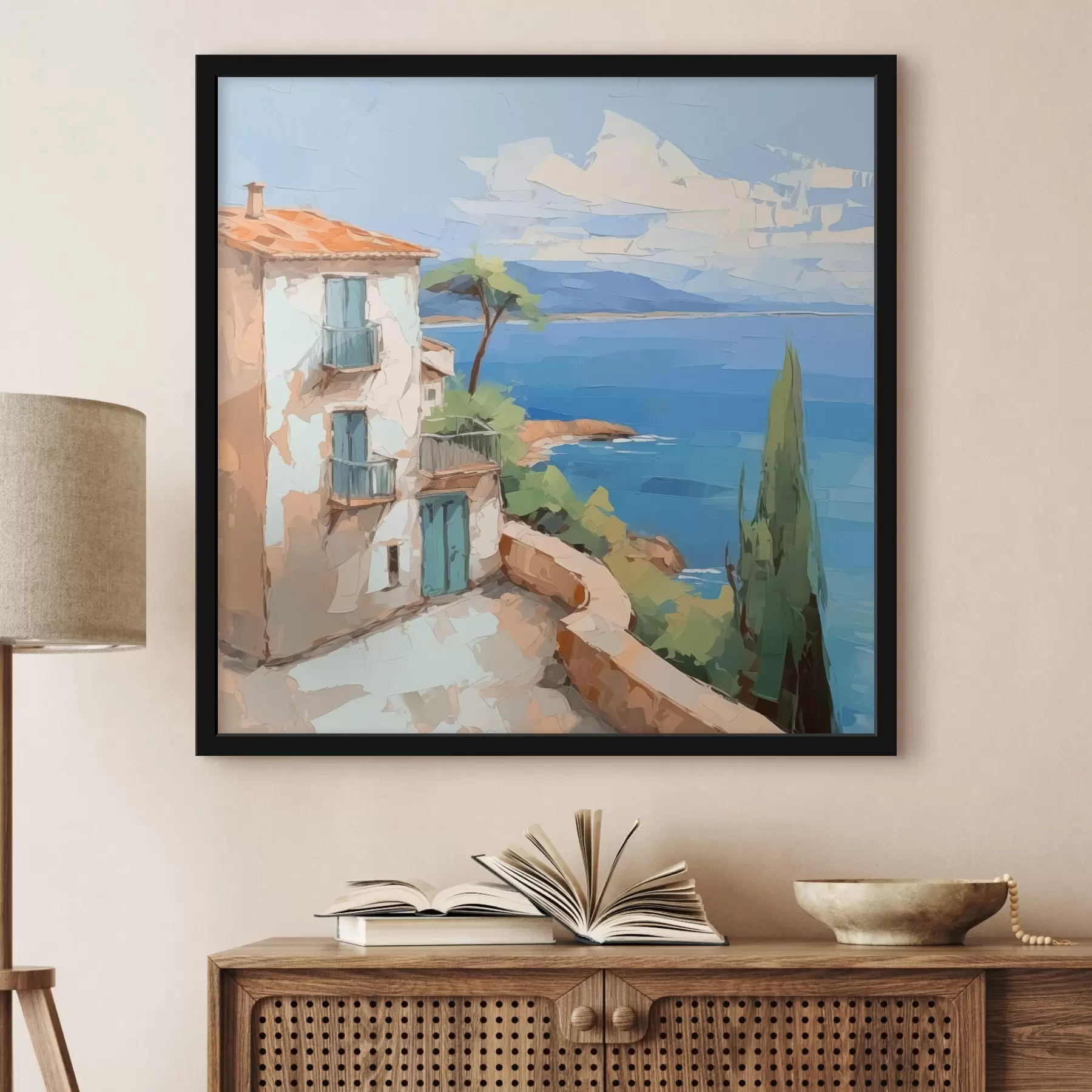 Fotobehang Huis aan zee imitatie van schilderij f44767