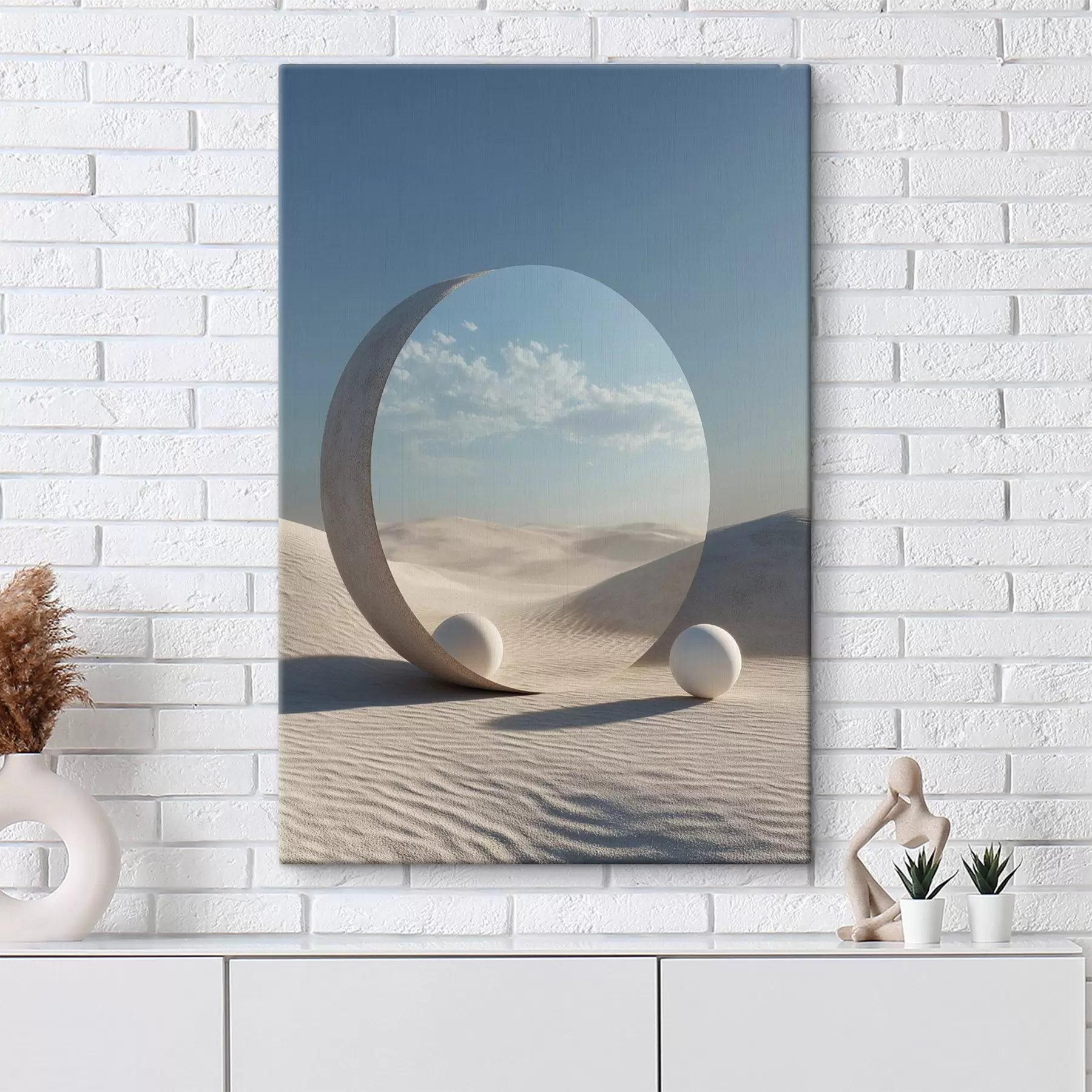  Schilderijen Surrealistisch woestijnlandschap met een ronde spiegel die de hemel en de maan weerspiegelt s44792