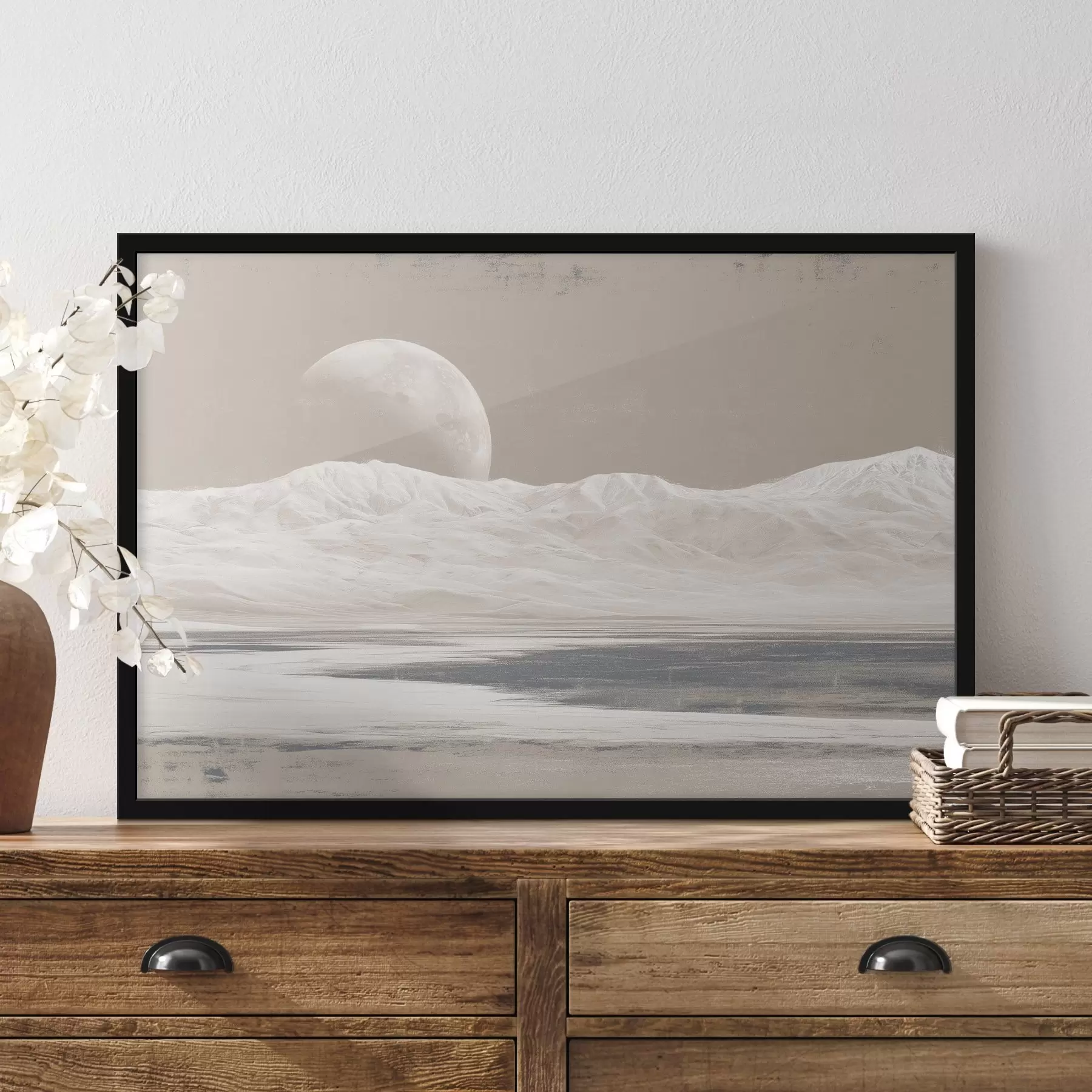 Fotobehang Woestijnlandschap met maan aan de horizon f44787