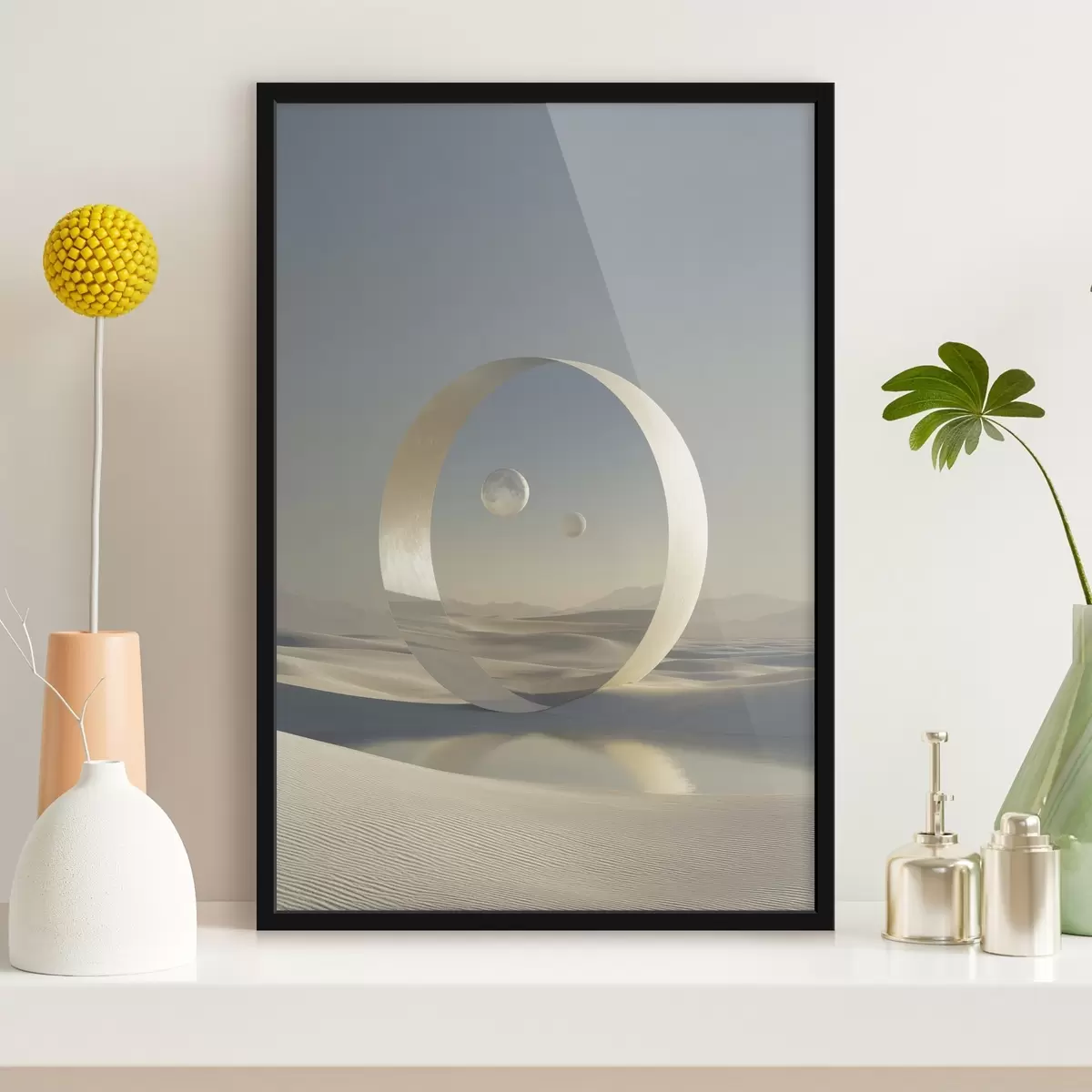 Poster Futuristisch landschap met duinen en planeten f44791