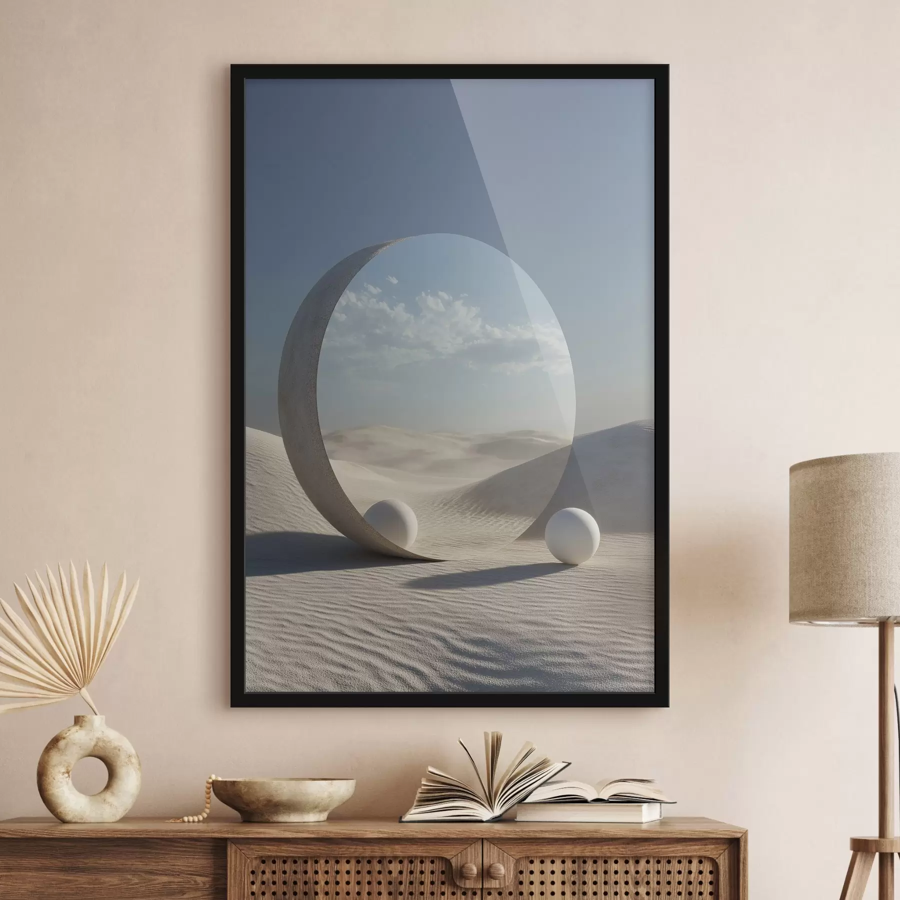 Fotobehang Surrealistisch woestijnlandschap met een ronde spiegel die de hemel en de maan weerspiegelt f44792