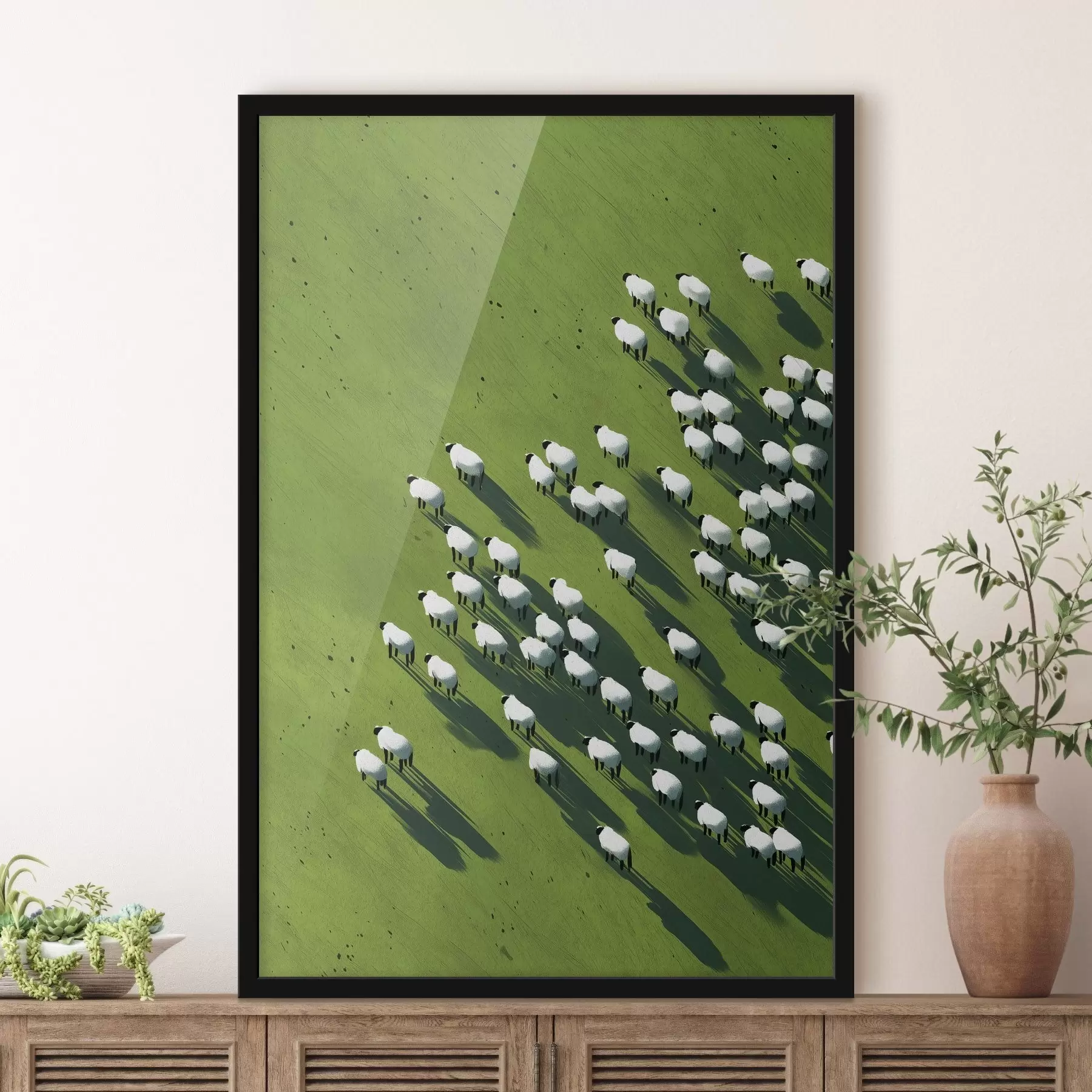 Fotobehang Groen veld met een kudde schapen, abstractie, luchtfoto f44793