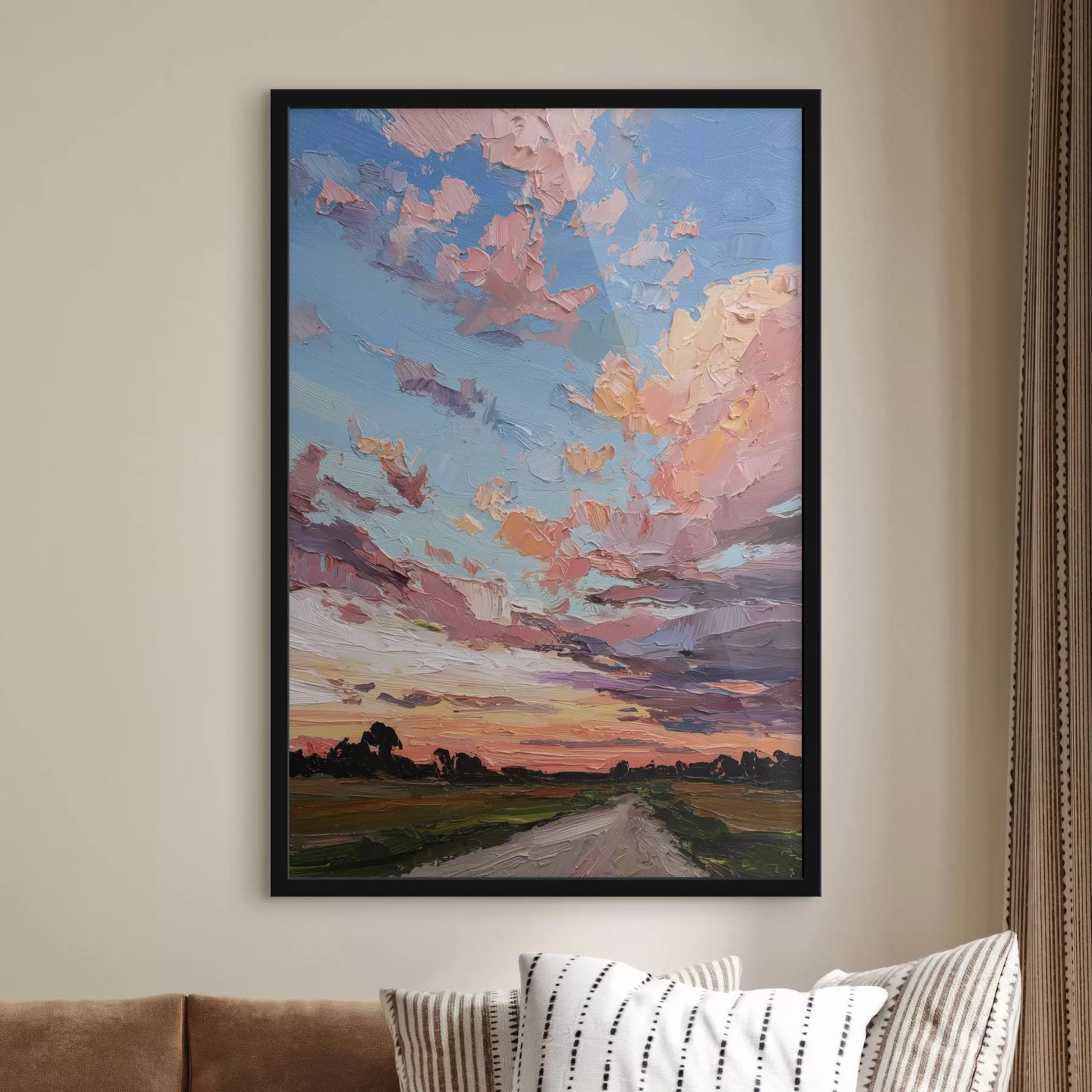 Fotobehang Zonsondergang hemel, weg in het veld, levendige penseelstreken, olieverf stijl imitatie f44795