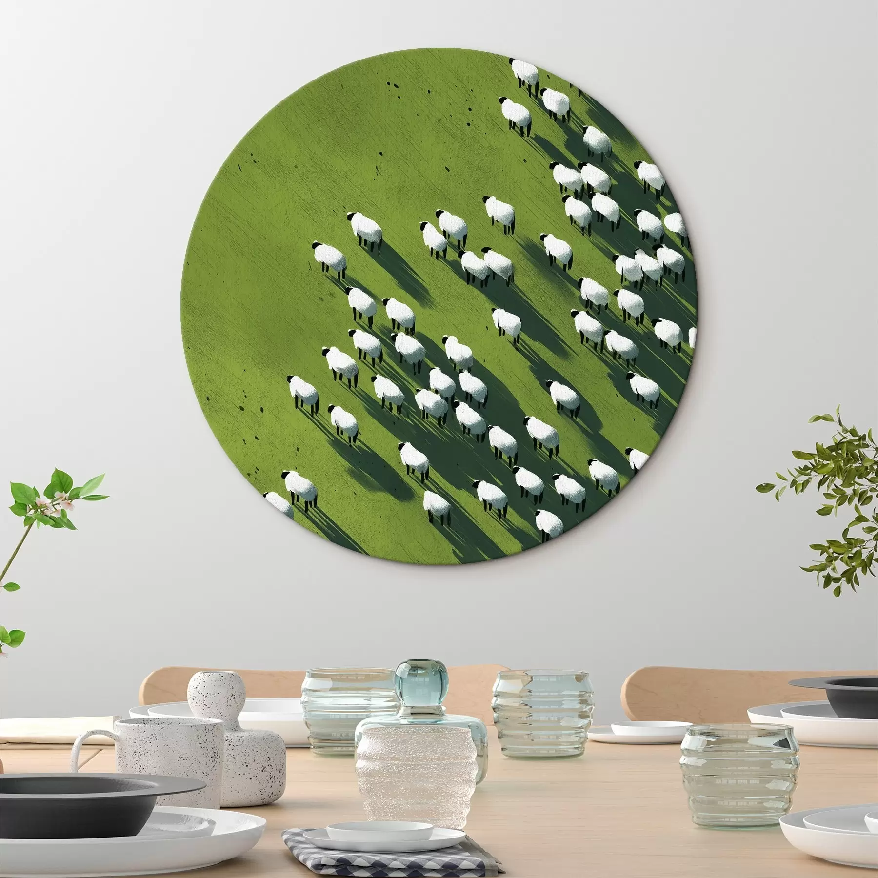  Schilderijen Groen veld met een kudde schapen, abstractie, luchtfoto r44793