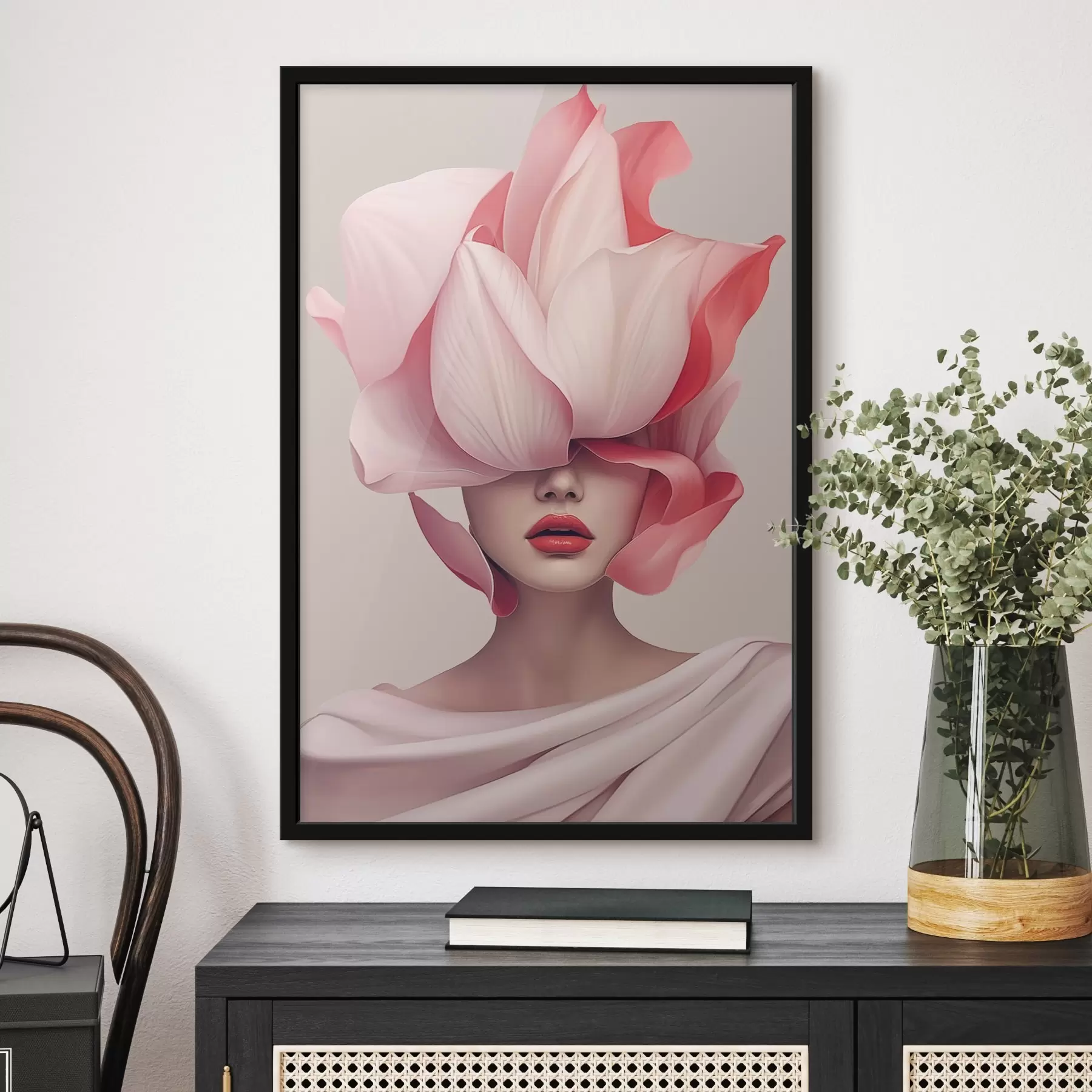 Fotobehang Vrouwenportret met grote bloemblaadjes f44812