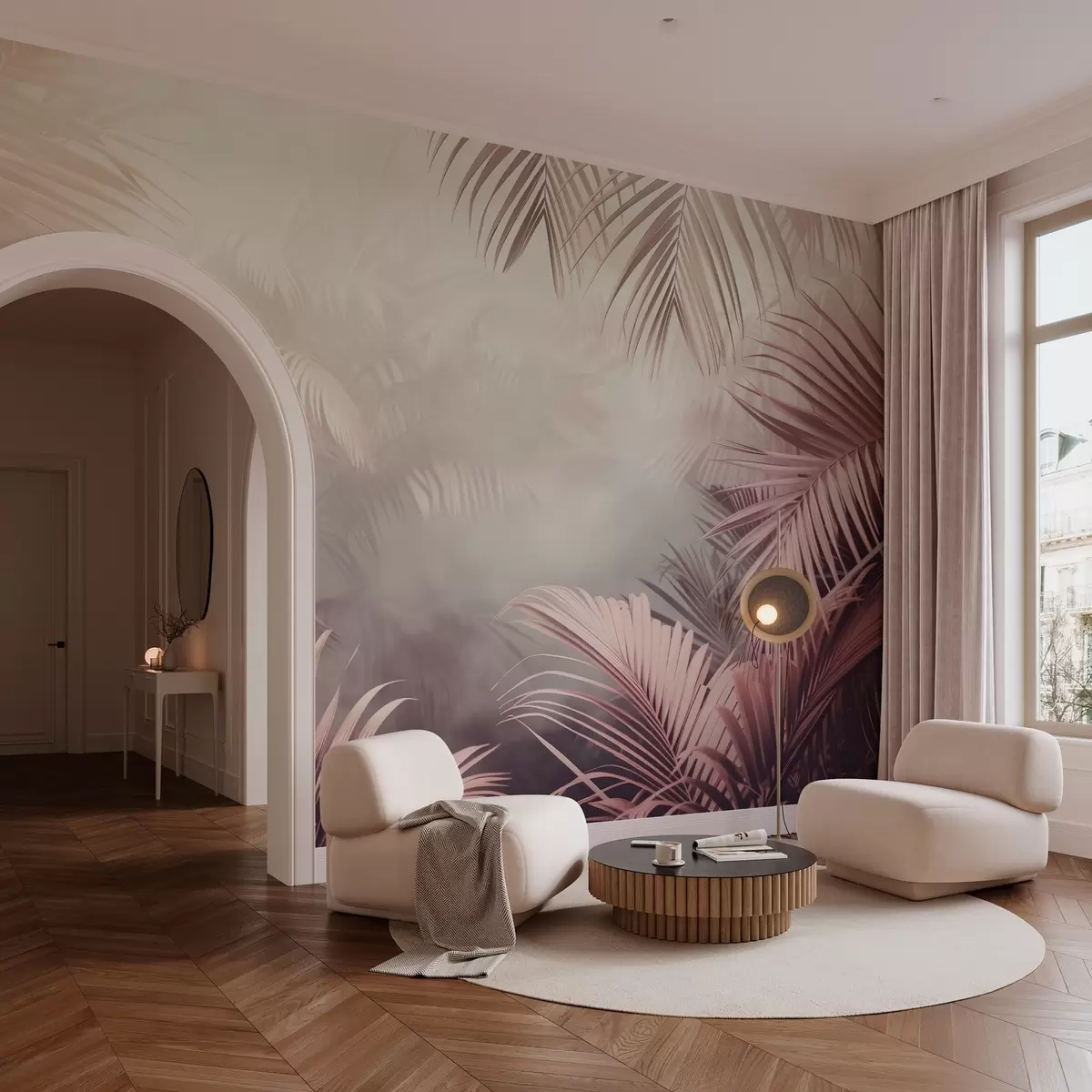 Fotobehang tropisch oerwoud met roze tint w04142