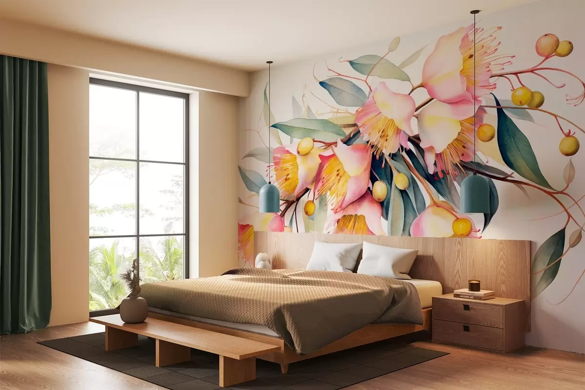 Fotobehang Eucalyptusbloemen met groene bladeren, aquarelstijl, zacht en getextureerd, lichte achtergrond, botanisch bloemenontwerp w09202