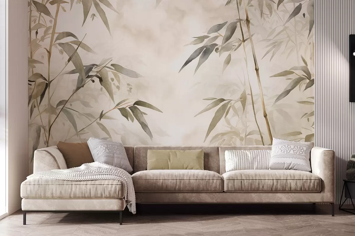 Fotobehang Takken met bamboetextuur en bladeren in aquarelstijl, zacht neutraal kleurenpalet, lichtbeige achtergrond w09204