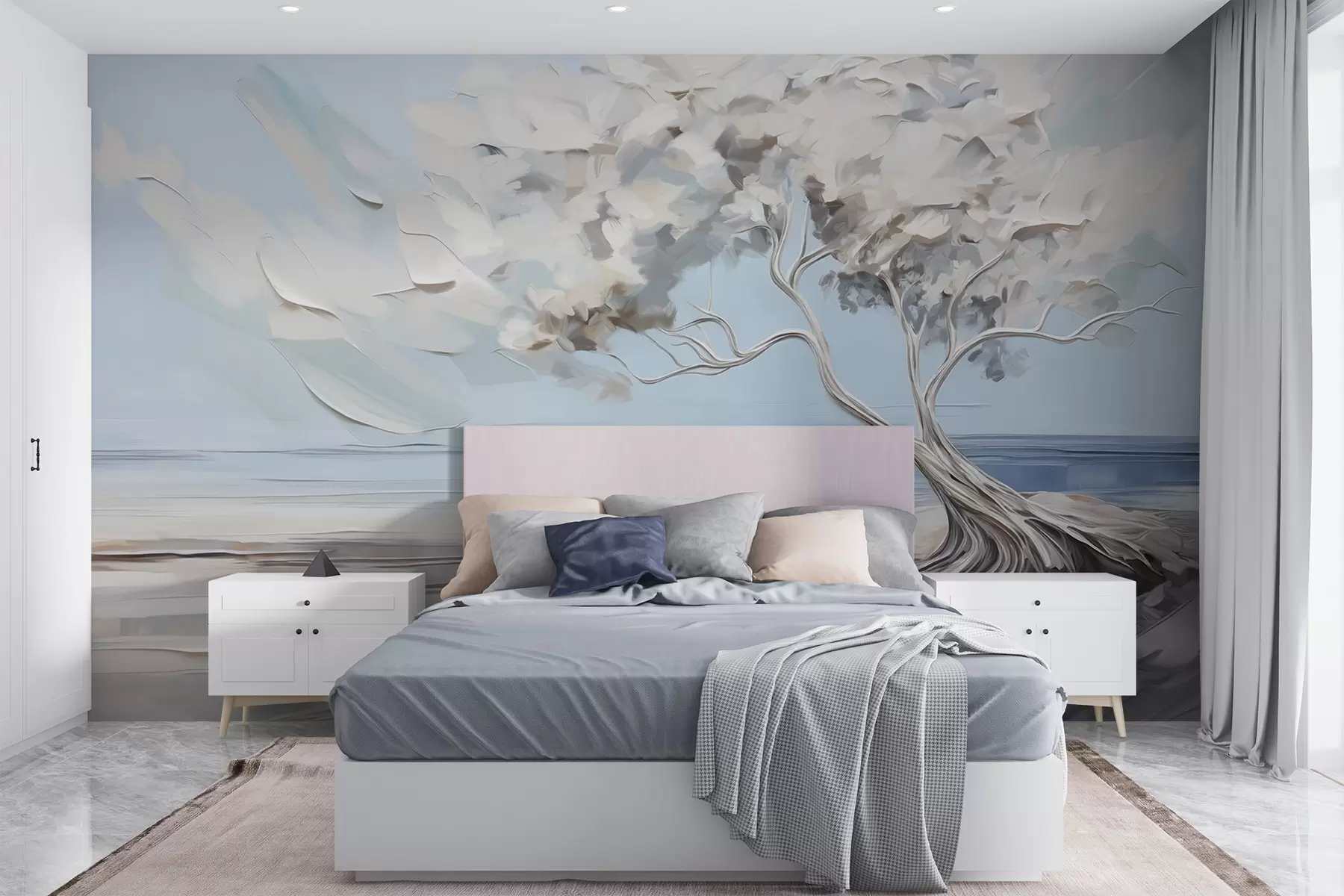 Fotobehang Een witte boom met dikke en getextureerde bladeren op een zandstrand, landschap met een lichtblauwe lucht w09205