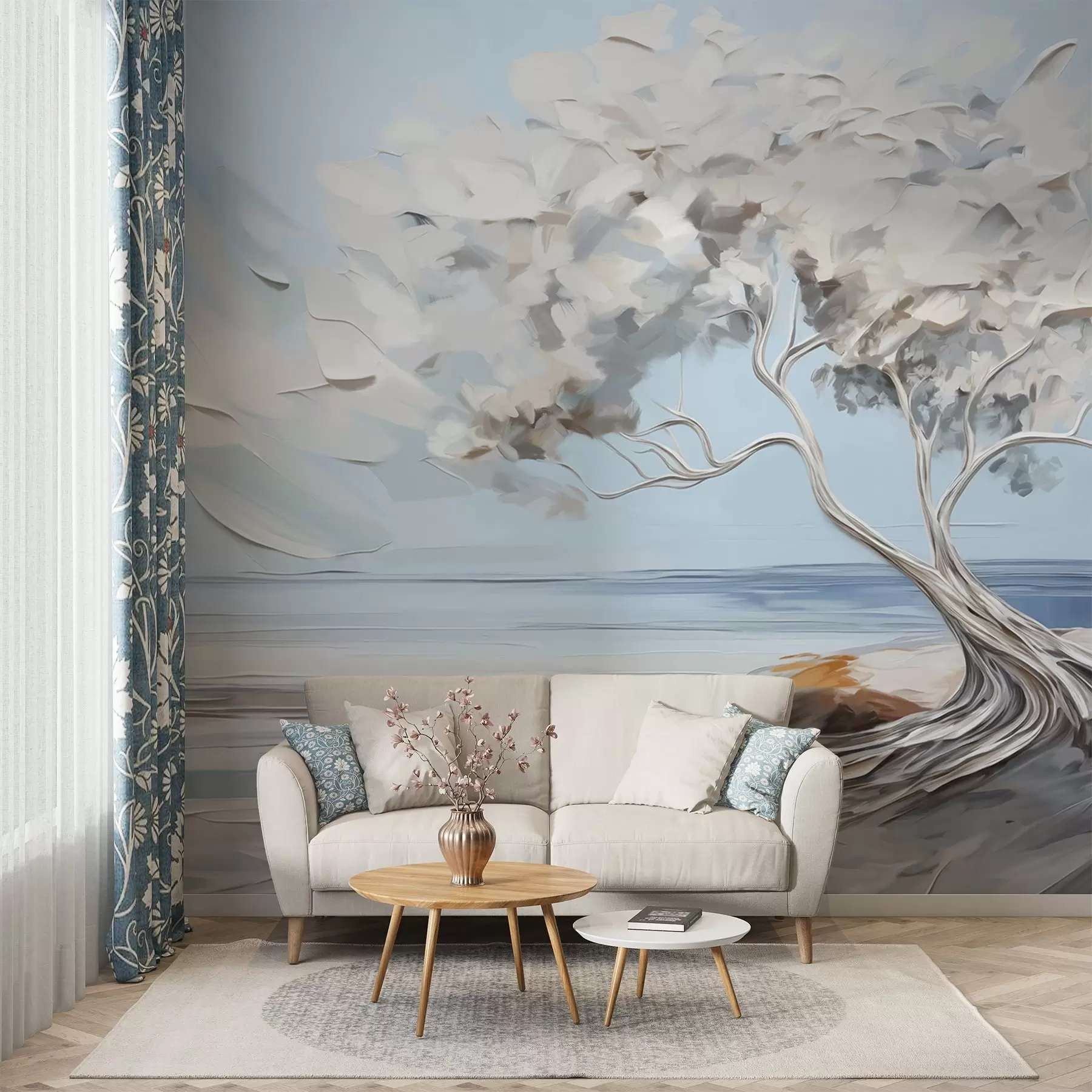 Fotobehang Een witte boom met dikke en getextureerde bladeren op een zandstrand, landschap met een lichtblauwe lucht w09205