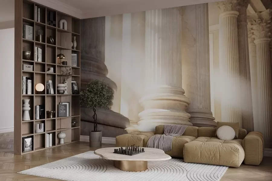 Fotobehang Kolommen, klassieke architectuur, elegant ontwerp, symmetrische compositie met textuur, neutraal kleurenpalet w09209