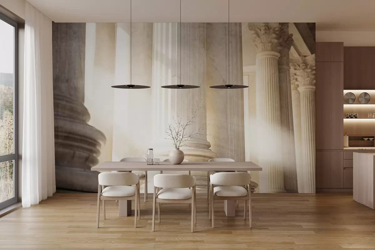 Fotobehang Kolommen, klassieke architectuur, elegant ontwerp, symmetrische compositie met textuur, neutraal kleurenpalet w09209