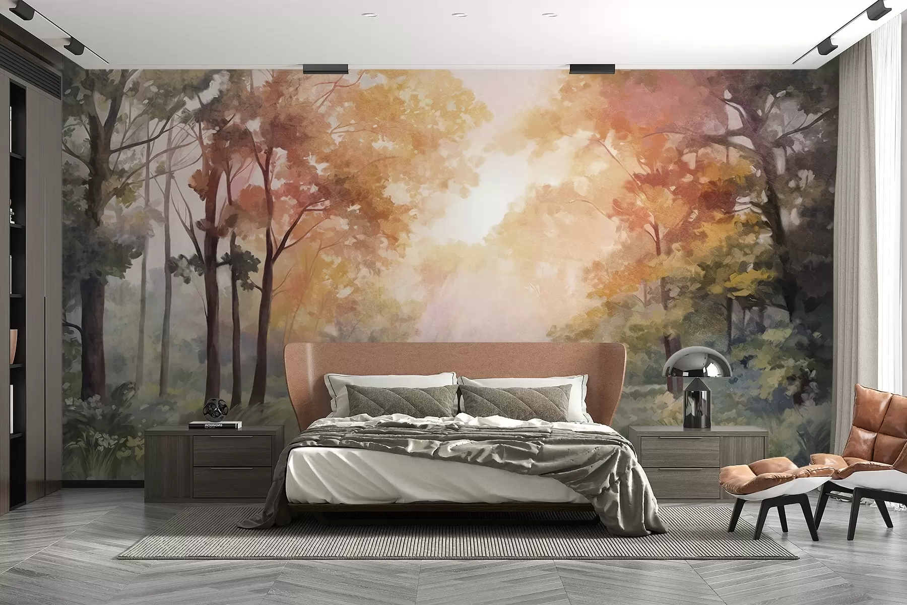 Fotobehang Boslandschap met structuur, bomen met oranje en groene bladeren, pastelkleurenpalet w09210v1