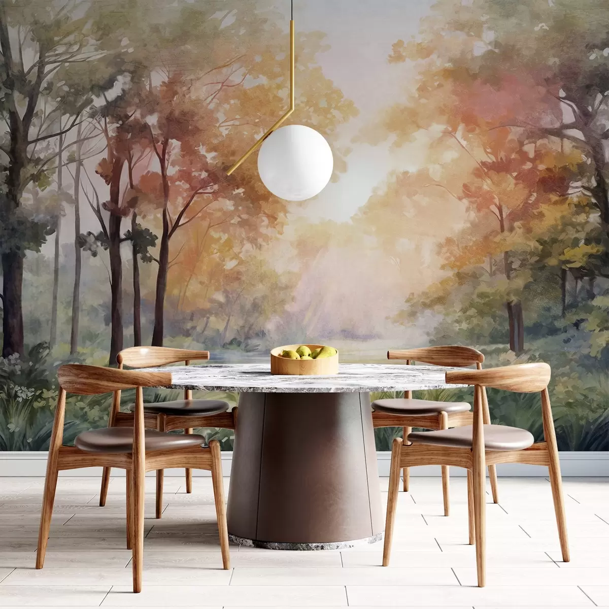 Fotobehang Boslandschap met structuur, bomen met oranje en groene bladeren, pastelkleurenpalet w09210v1