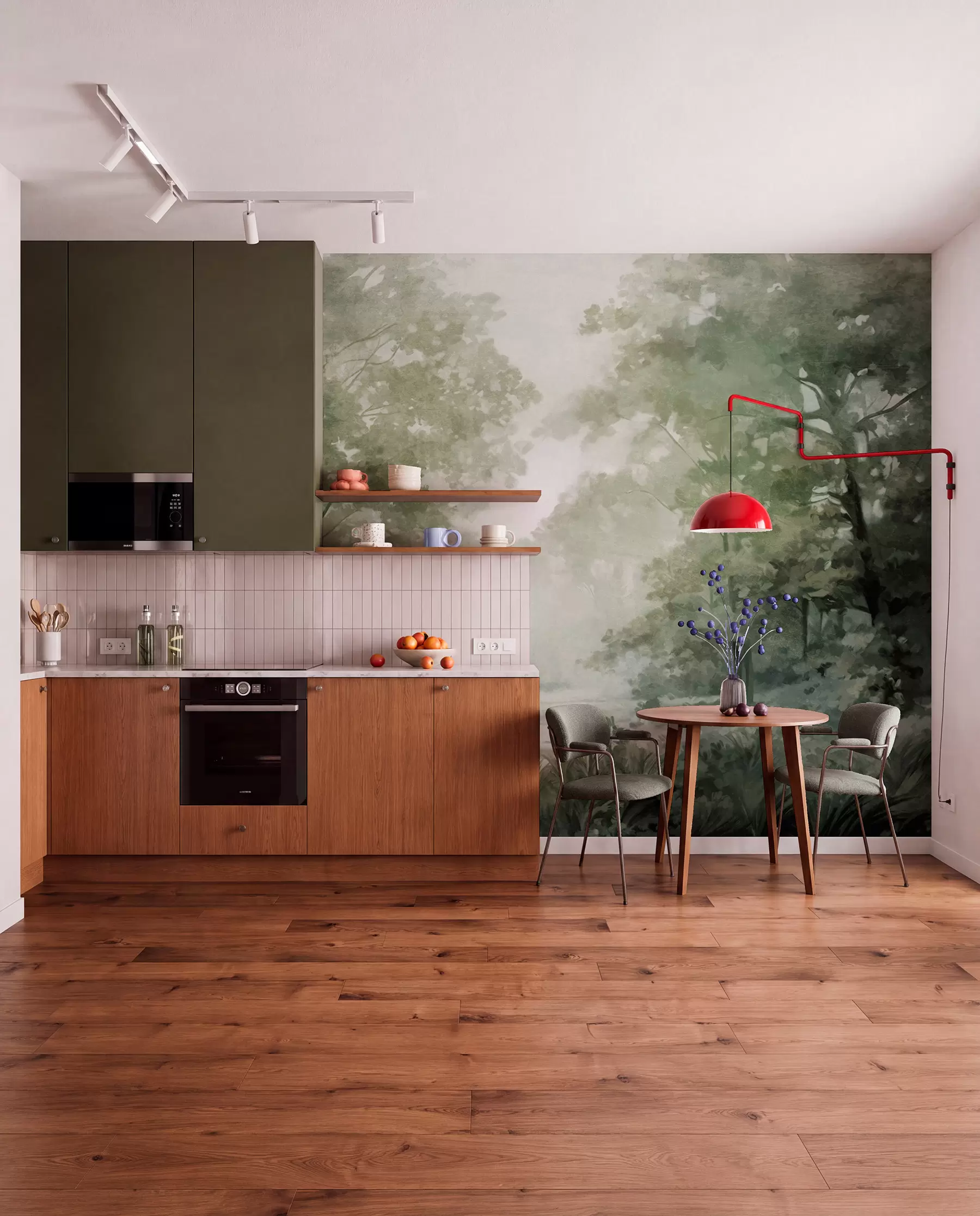 Fotobehang Boslandschap met structuur, bomen met groene bladeren, pastelkleurenpalet w09210v2