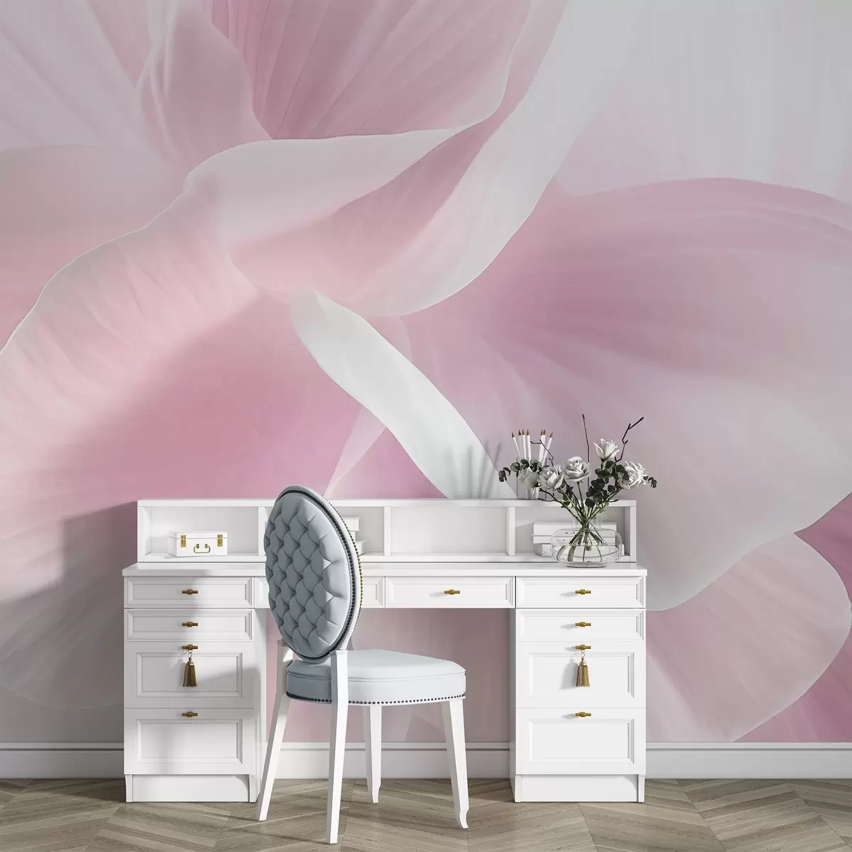 Fotobehang Abstracte getextureerde bloem met delicate bloemblaadjes, zachte verlichting, elegante compositie, minimalistische esthetiek w09211v1