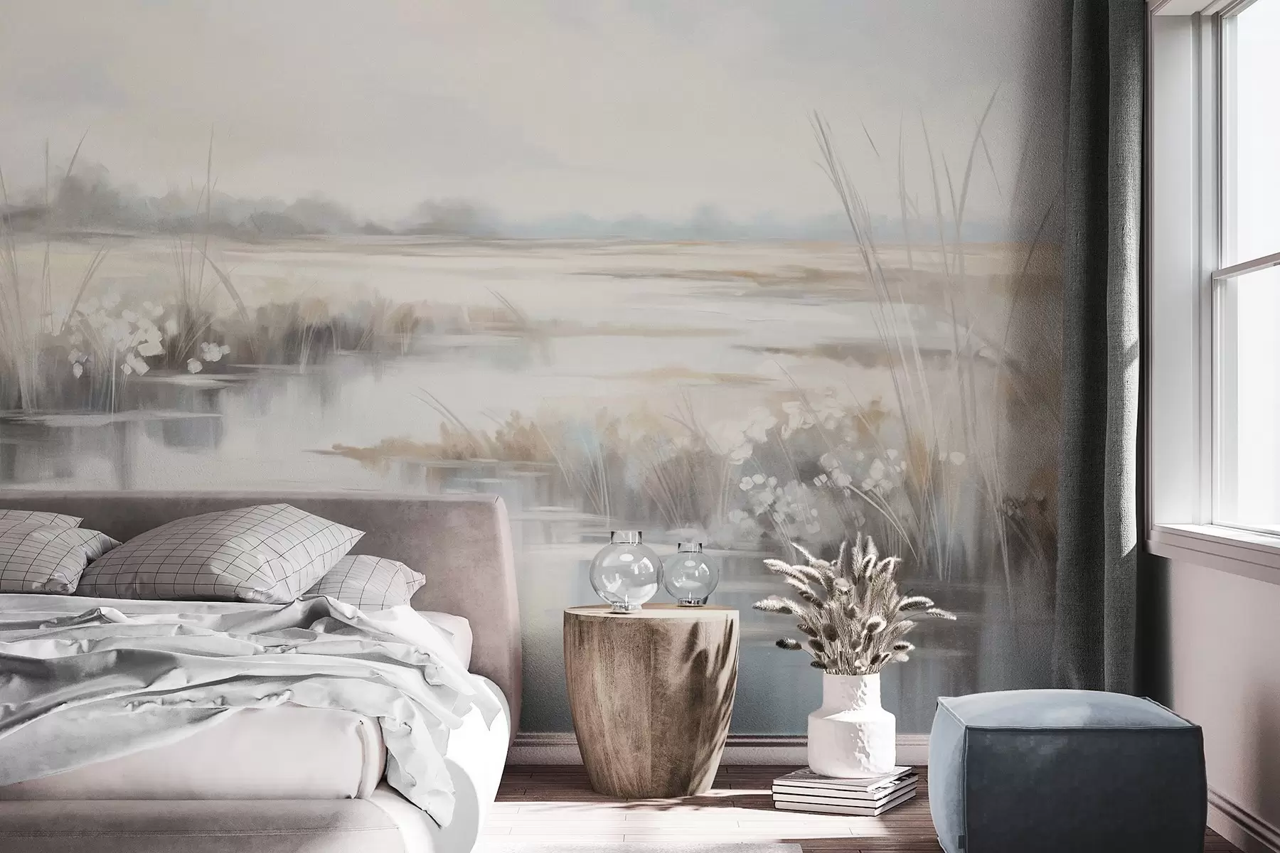 Fotobehang Rustig landschap met hoge grassen en kalm water, zachte pastelkleuren, verre bomen aan de horizon w09213