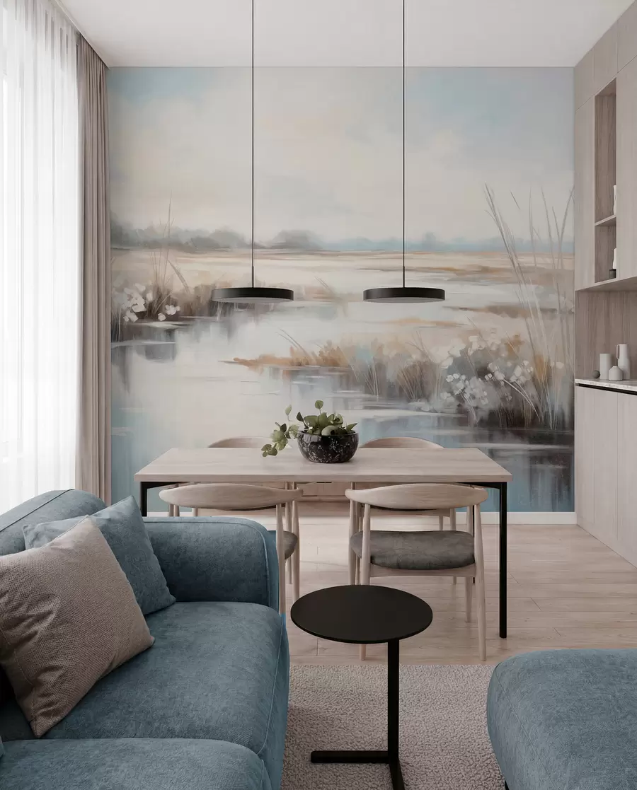 Fotobehang Rustig landschap met hoge grassen en kalm water, zachte pastelkleuren, verre bomen aan de horizon w09213