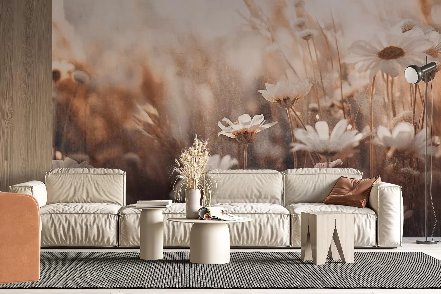 Fotobehang Textuurveld van witte margrieten en wilde bloemen in warm kleurenpalet met onscherpe achtergrond w09214