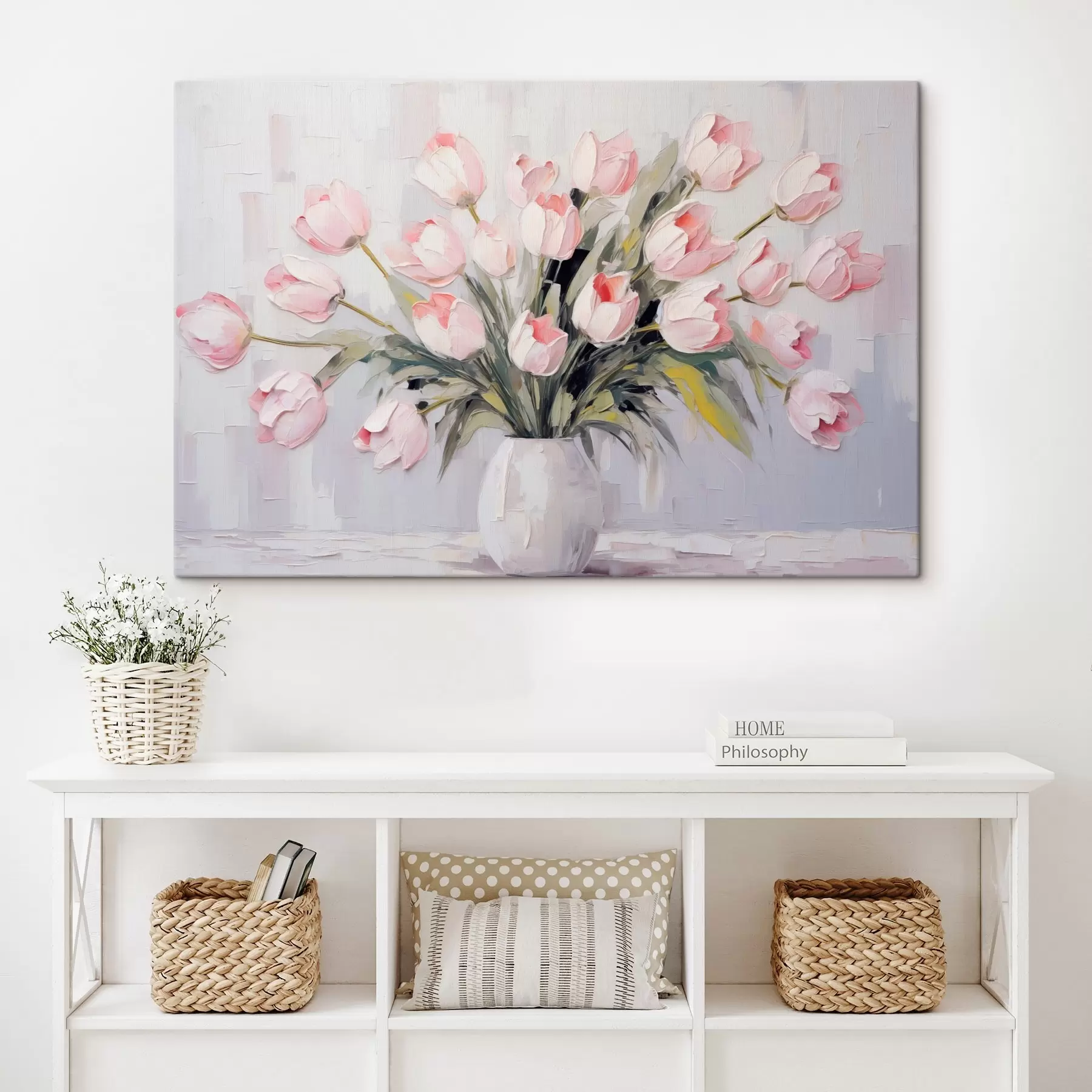  Schilderijen Een vaas met roze tulpen, groene bladeren, lichtgrijze achtergrond , olieverfschilderij stijl, dikke penseelstreken  s44852