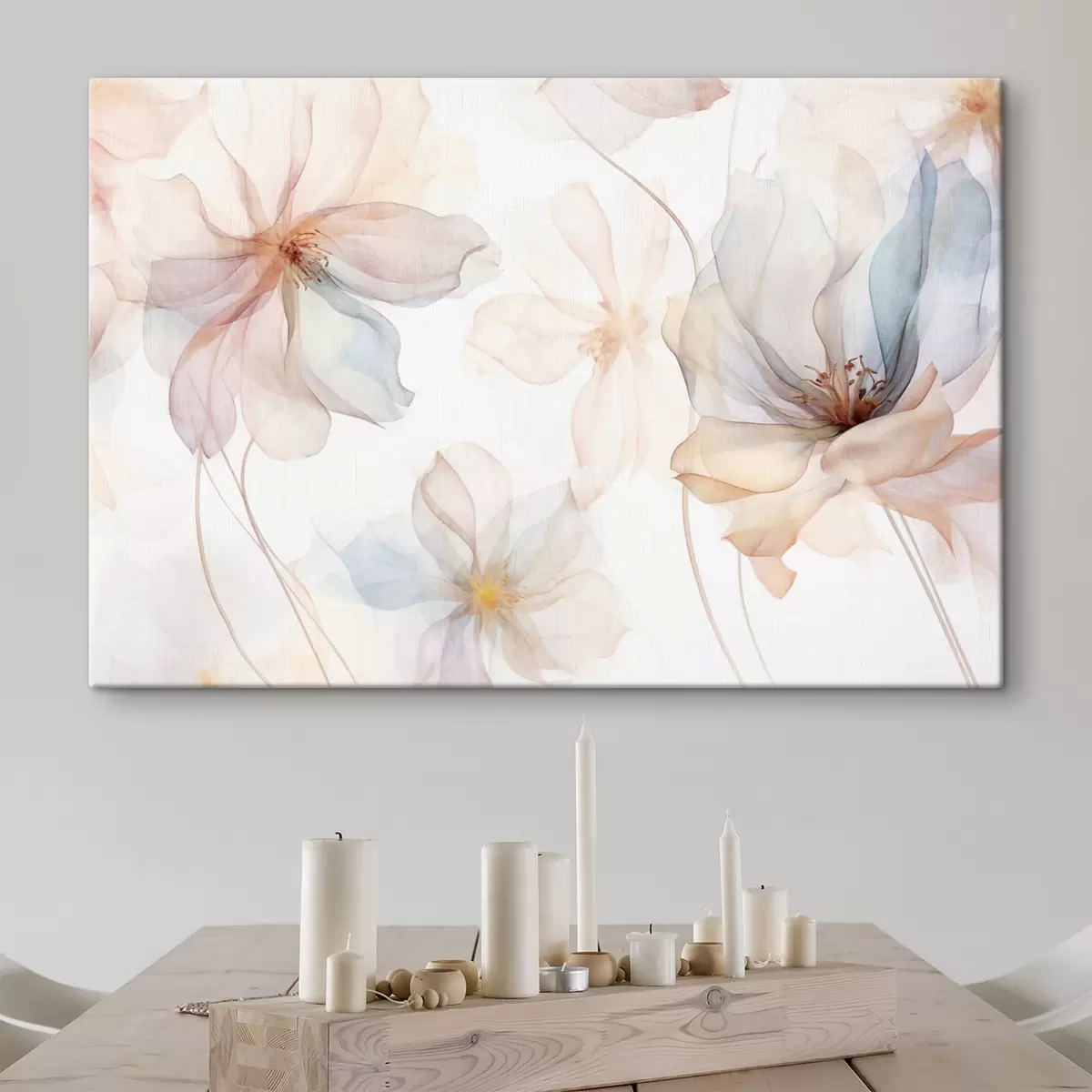  Schilderijen Doorschijnende getextureerde bloemen in pastelkleuren, fijne bloemblaadjes, fijne lijnen op een witte achtergrond s44855