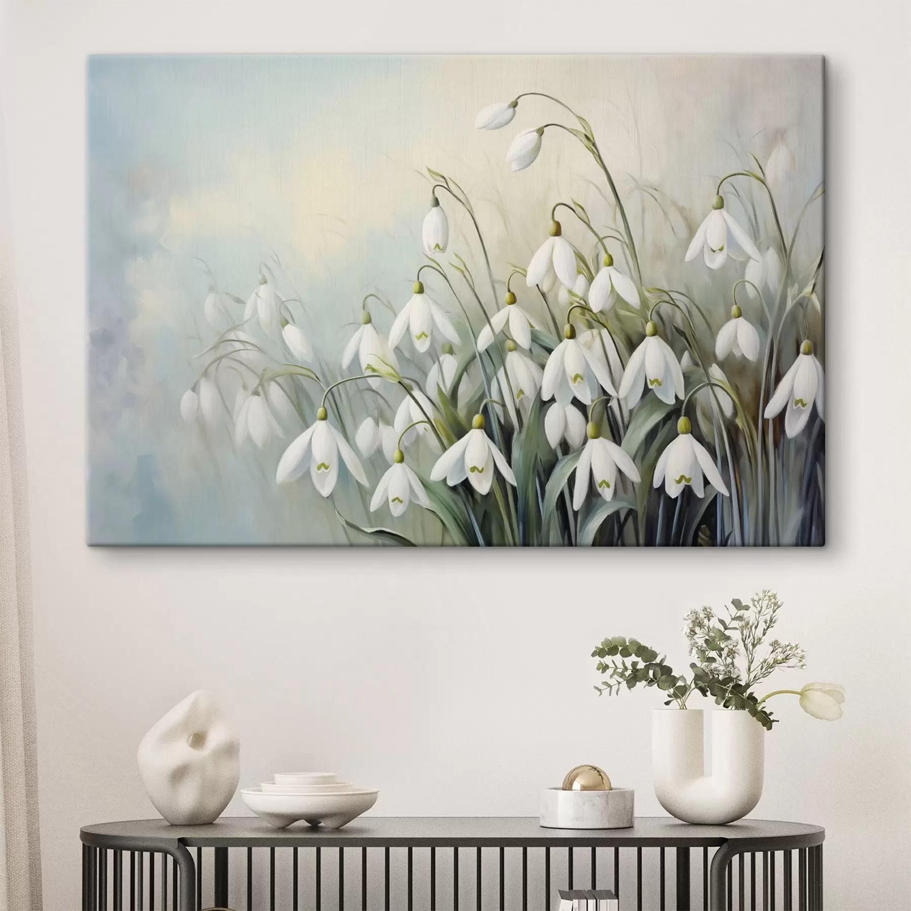  Schilderijen Witte sneeuwklokjesbloemen met blauwe en groene stengels en bladeren, zachte penseelstreken, onscherpe achtergrond  s44864