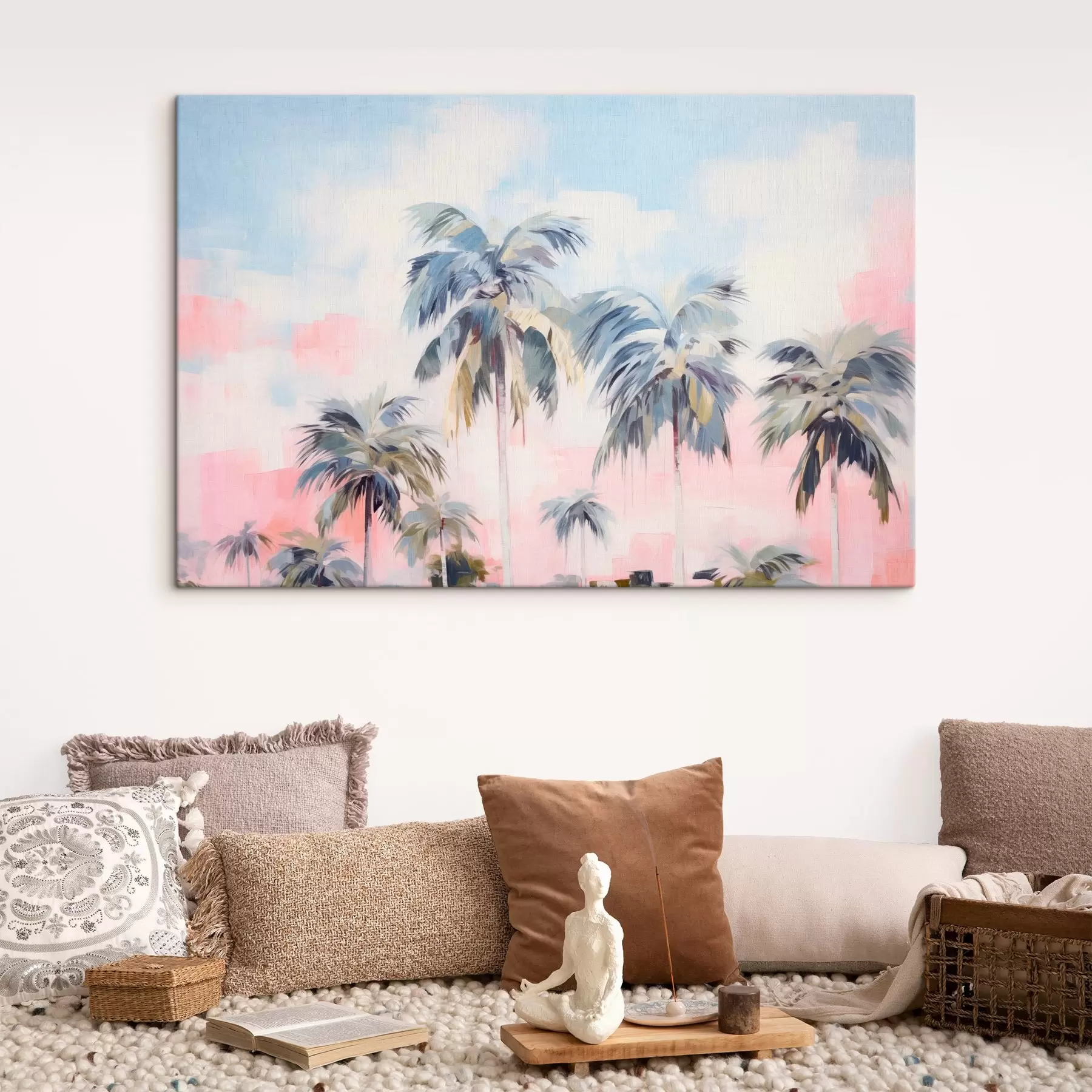 Fotobehang Palmbomen met pastelkleurige bladeren en bruine stammen, roze en blauwe lucht, tropische omgeving  s44866
