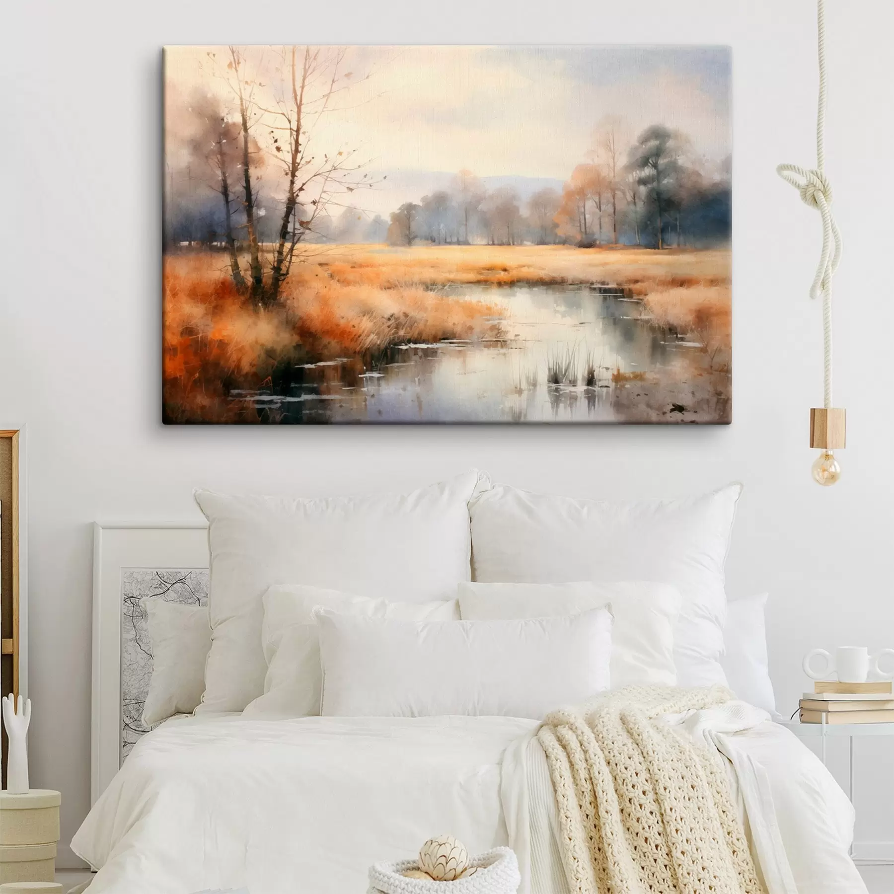  Schilderijen Een rustig landschapschilderij met textuur, imitatie van riet en kale bomen, het kalme water onder een hemel s44867