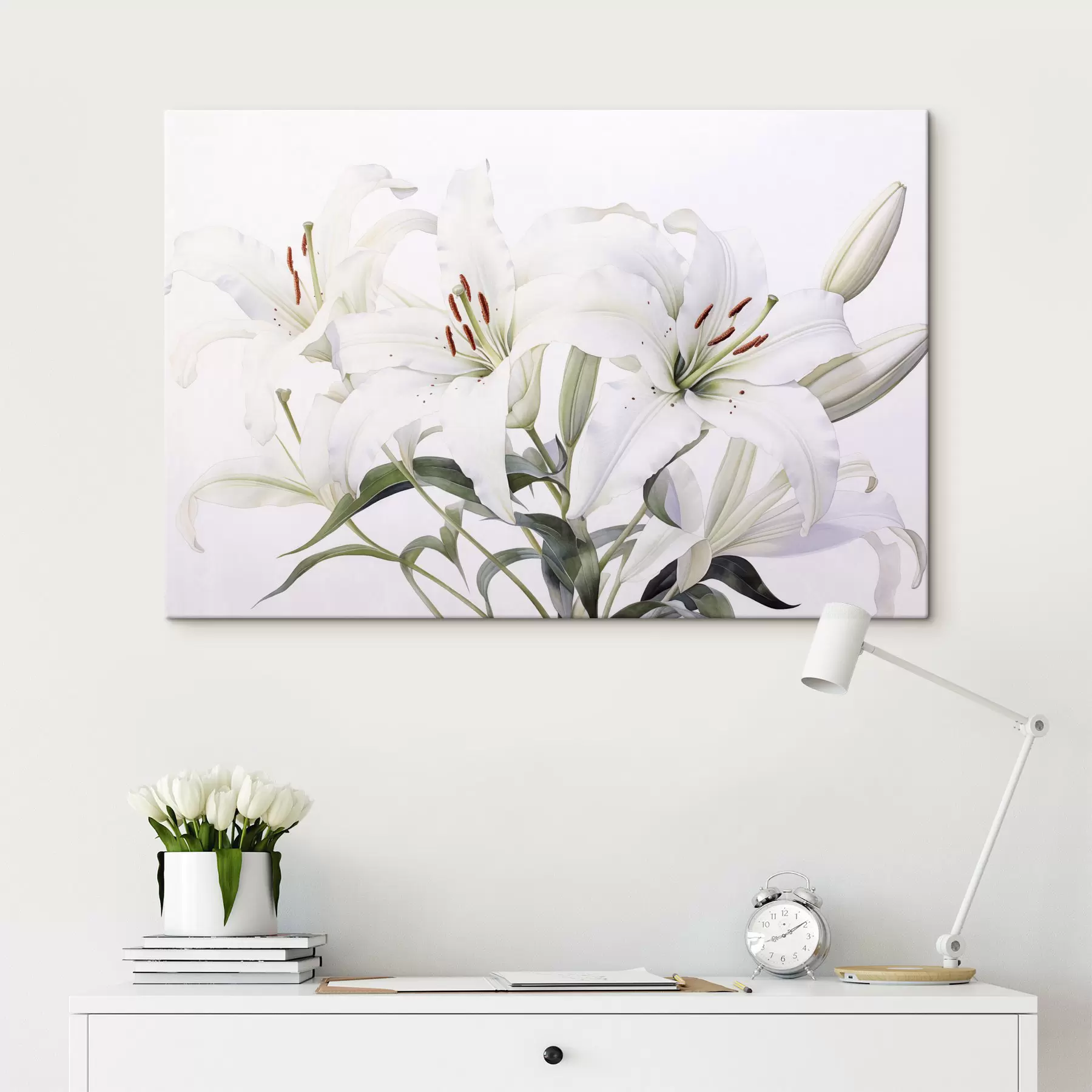  Schilderijen Een boeket van witte lelies met groene bladeren, delicate bloemblaadjes en zachte witte achtergrond s44868