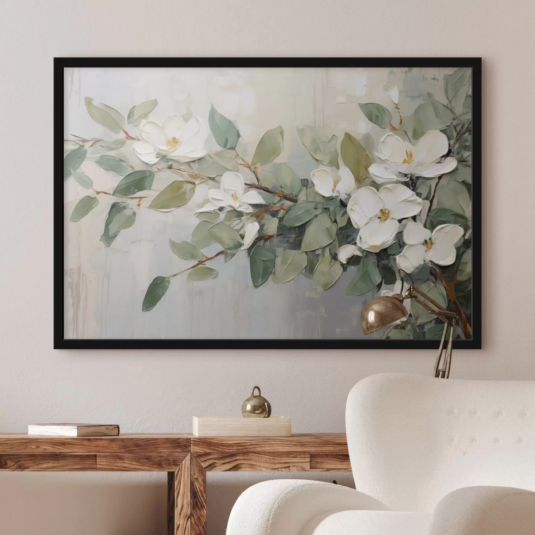 Fotobehang Magnolia bloemen met groene bladeren op een tak, impasto structuurstijl, zacht kleurenpalet f44853