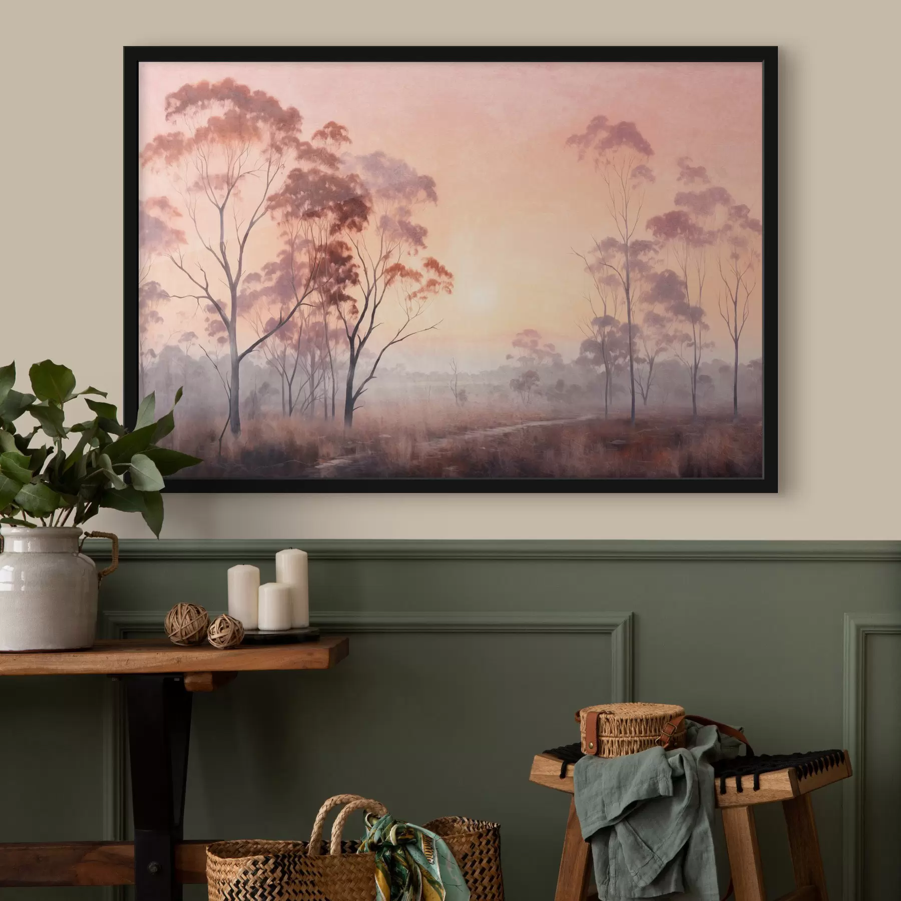 Fotobehang Een landschapschilderij van een veld met hoog gras en bomen, de zon staat op de achtergrond f44854