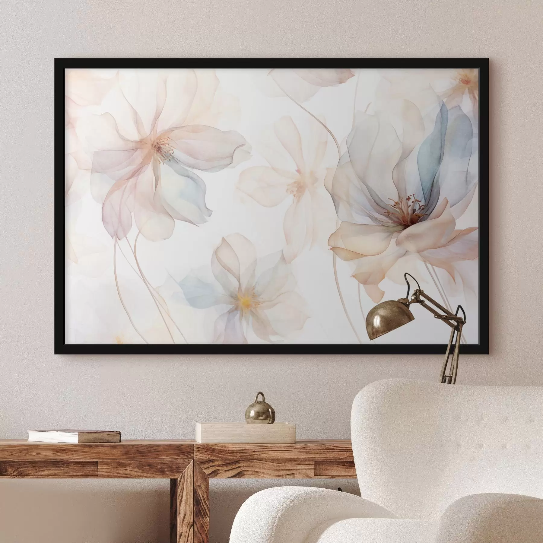 Fotobehang Doorschijnende getextureerde bloemen in pastelkleuren, fijne bloemblaadjes, fijne lijnen op een witte achtergrond f44855