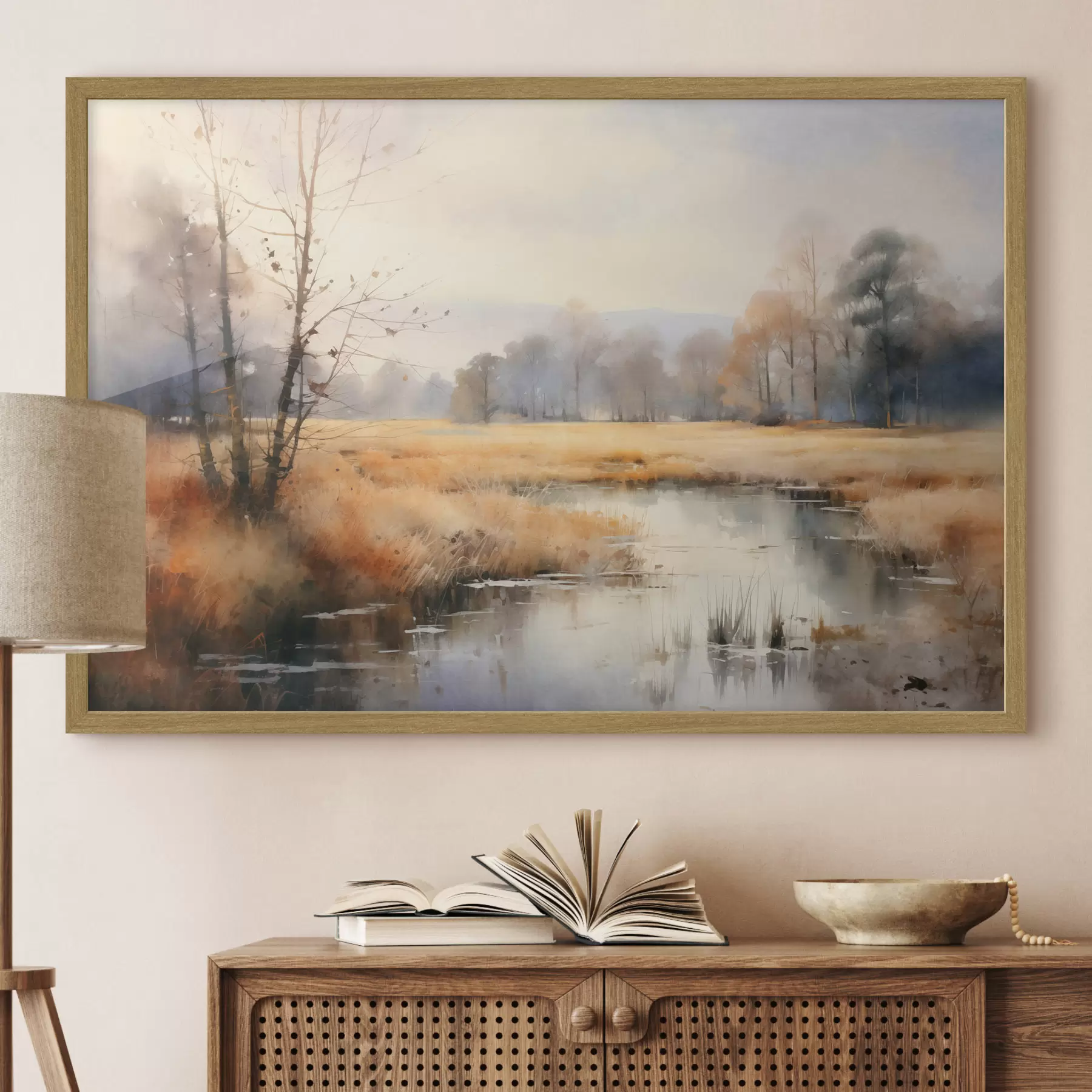 Fotobehang Een rustig landschapschilderij met textuur, imitatie van riet en kale bomen, het kalme water onder een hemel f44867