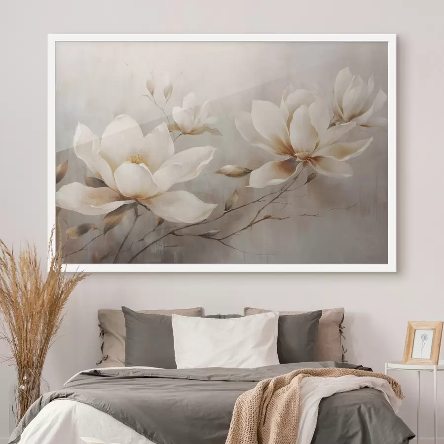Fotobehang Textured vintage witte magnolia bloemen op takken in een lichtbruine achtergrond f44869