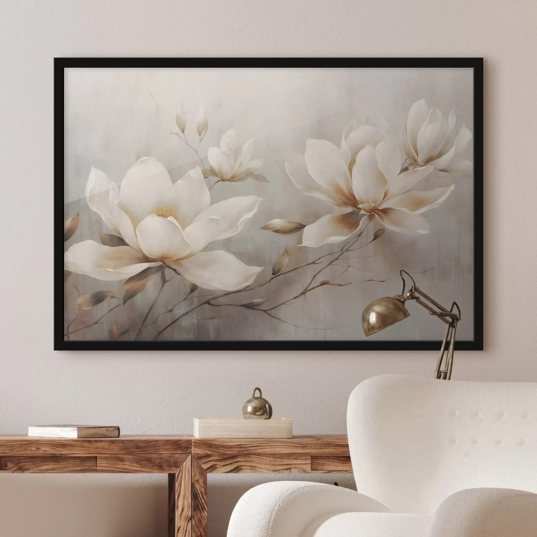 Fotobehang Textured vintage witte magnolia bloemen op takken in een lichtbruine achtergrond f44869
