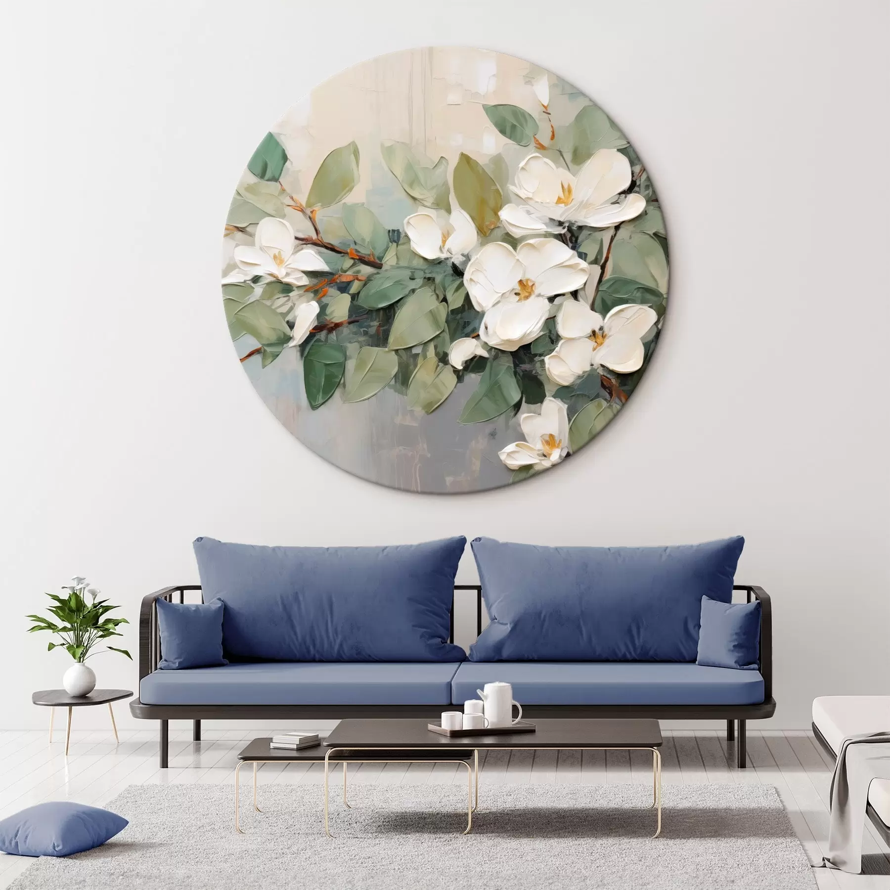  Schilderijen Magnolia bloemen met groene bladeren op een tak, impasto structuurstijl, zacht kleurenpalet r44853