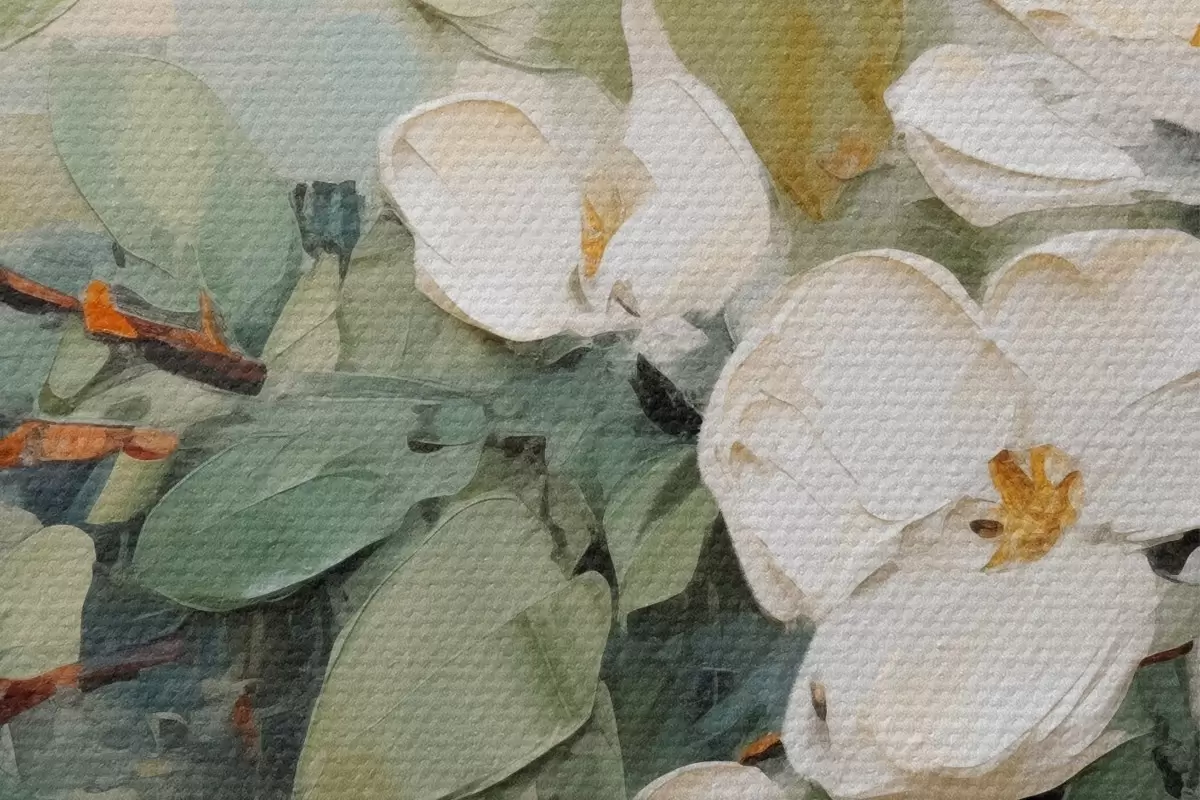 Ronde schilderijen Magnolia bloemen met groene bladeren op een tak, impasto structuurstijl, zacht kleurenpalet r44853