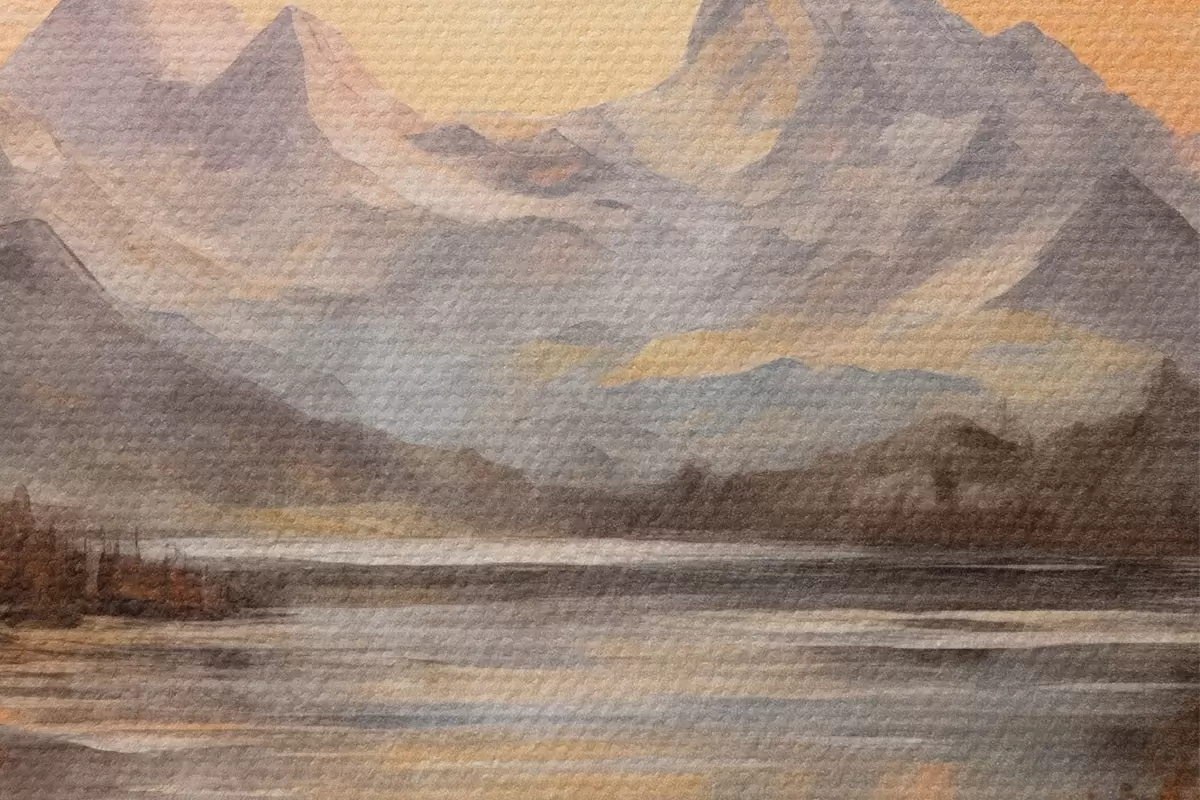 Ronde schilderijen Landschap met een meer omringd door bomen en bergen op de achtergrond, oranje lucht met de zon r44857