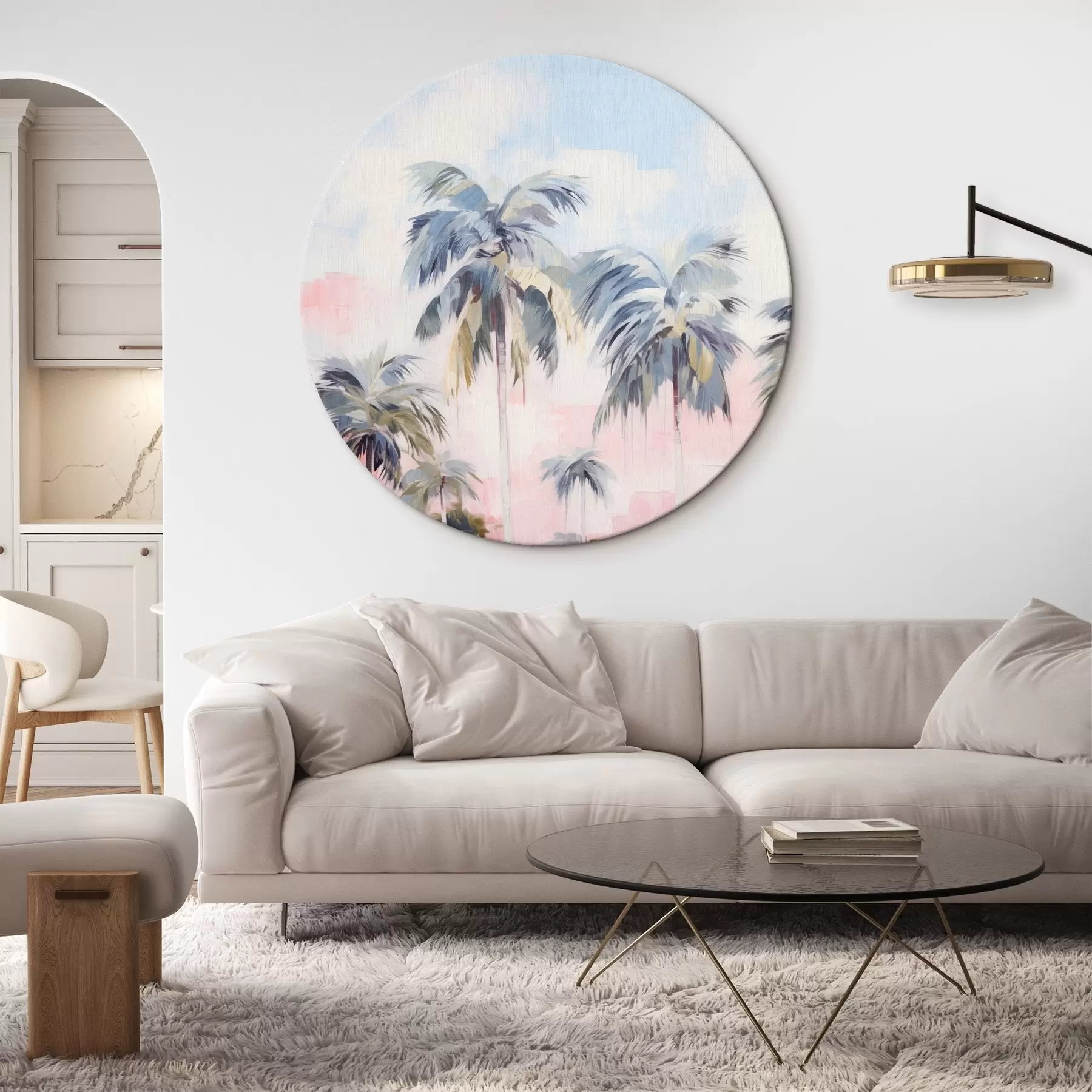 Schilderijen Palmbomen met pastelkleurige bladeren en bruine stammen, roze en blauwe lucht, tropische omgeving r44866