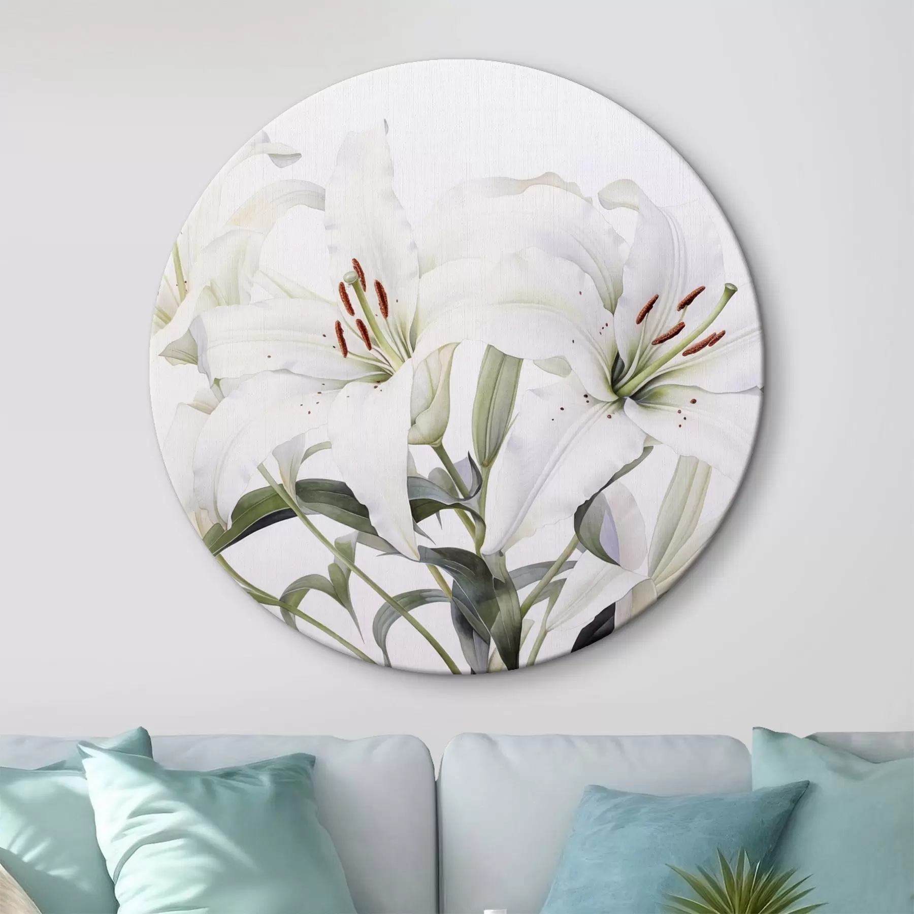  Schilderijen Een boeket van witte lelies met groene bladeren, delicate bloemblaadjes en zachte witte achtergrond r44868