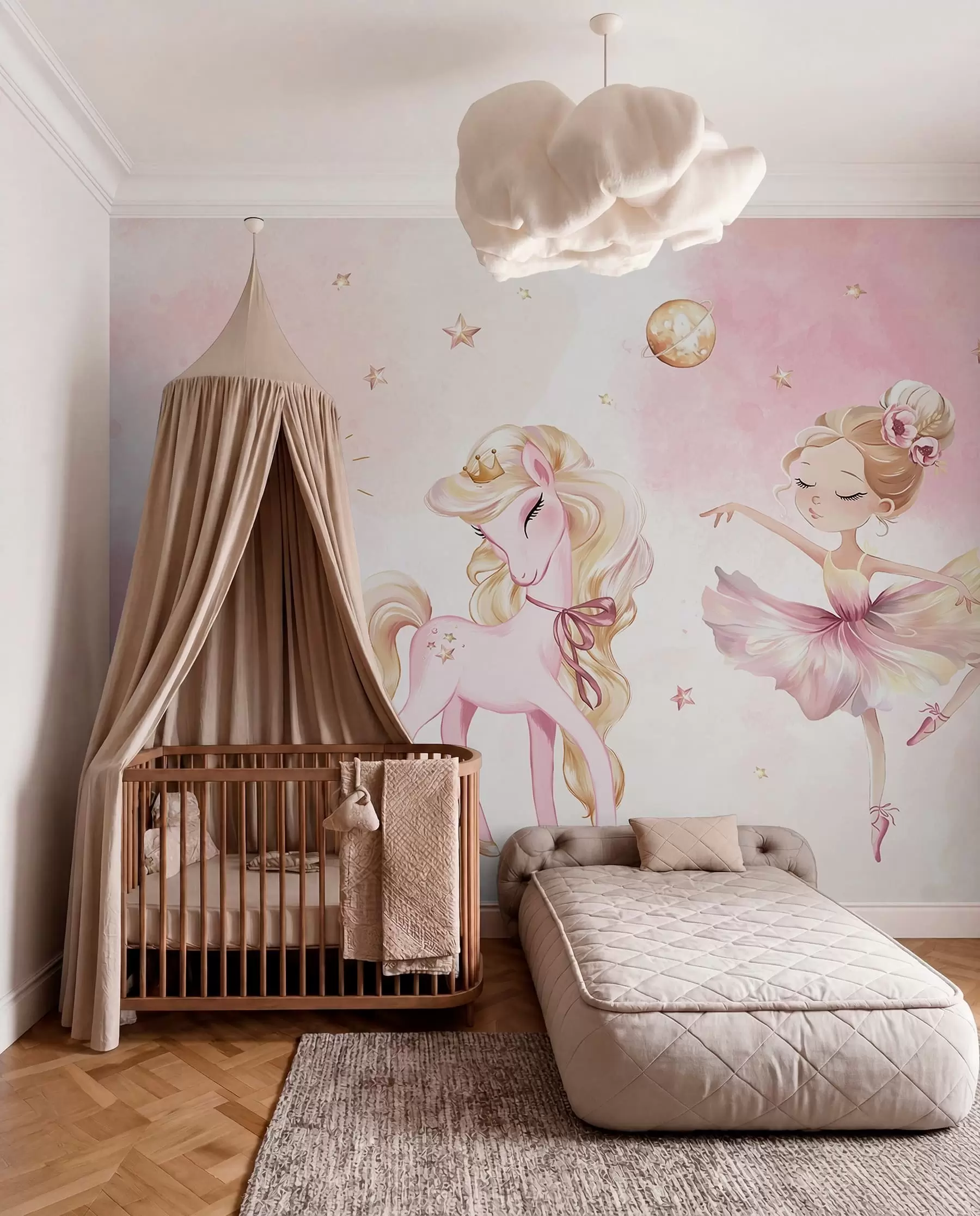 Fotobehang Eenhoorn en ballerina in een roze sprookje, kinderverhaal w04196